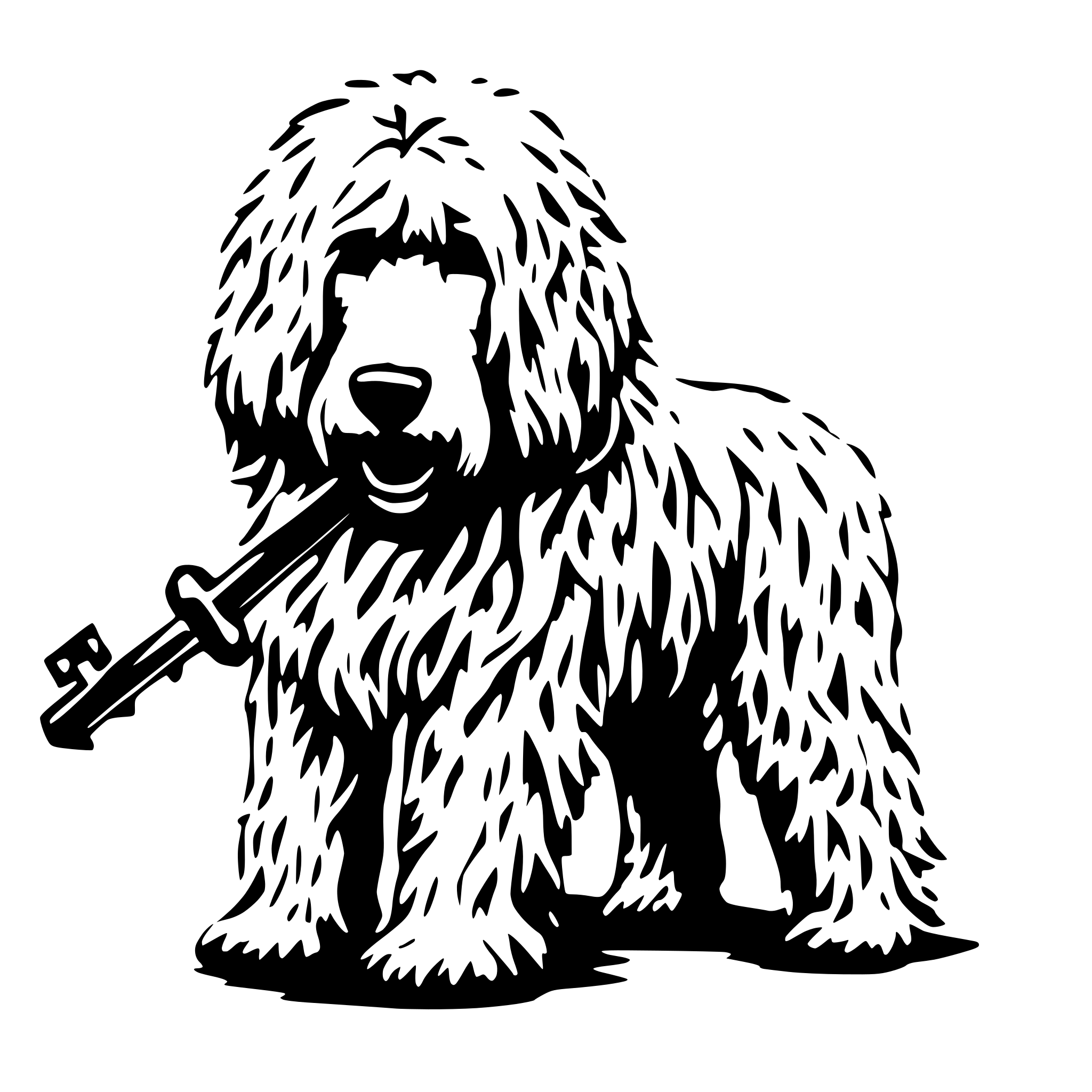 AI-generated SVG of a Komondor holding a large key