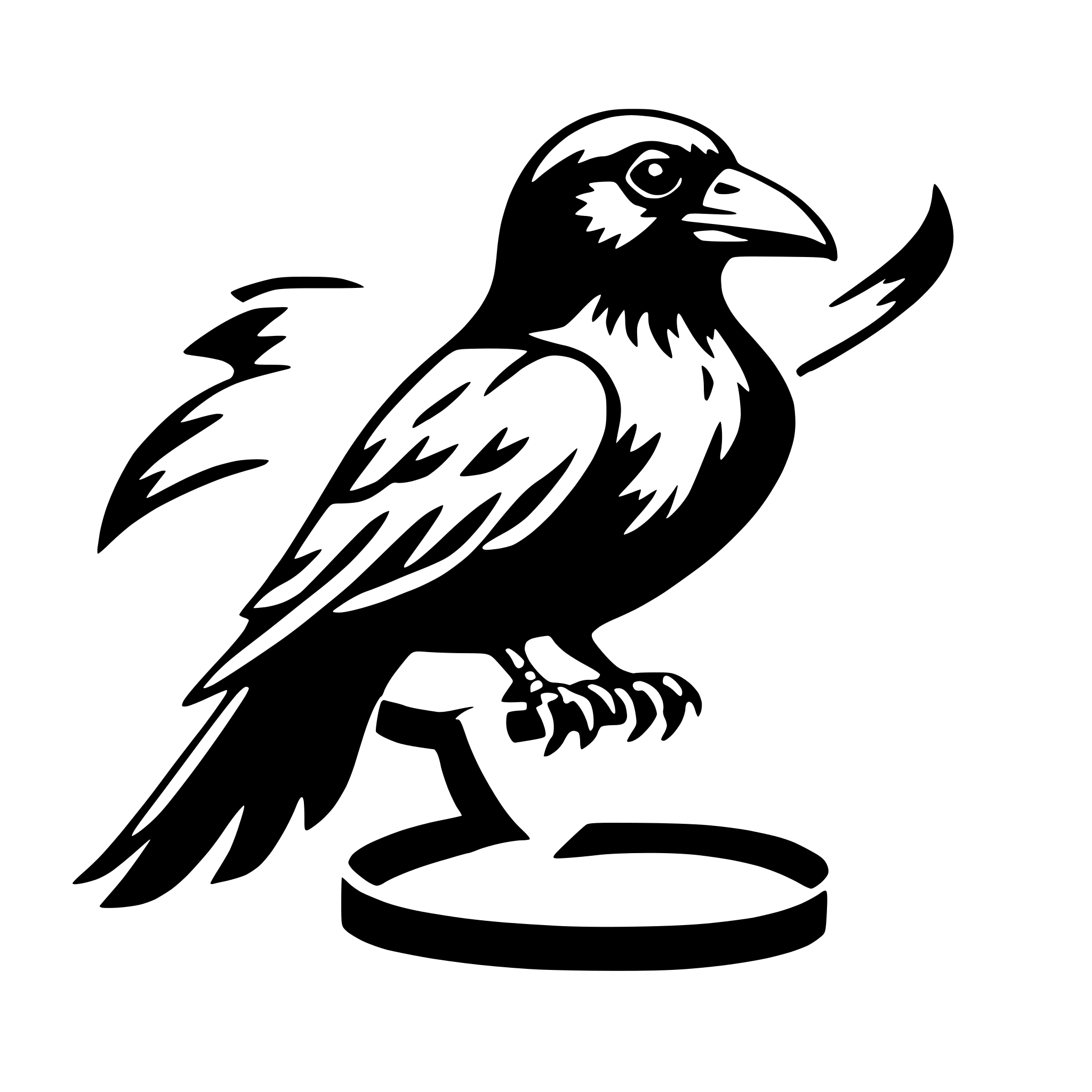 The SVG depicts a stylized black bird with a prominent beak, standing on a circular perch. The bird is facing to the right, and its wings are slightly spread. The bird's tail feathers are fanned out, giving a sense of movement. The perch is a simple, circular shape, and the bird's feet are gripping it. The overall style is minimalistic and graphic, with no additional background details. 