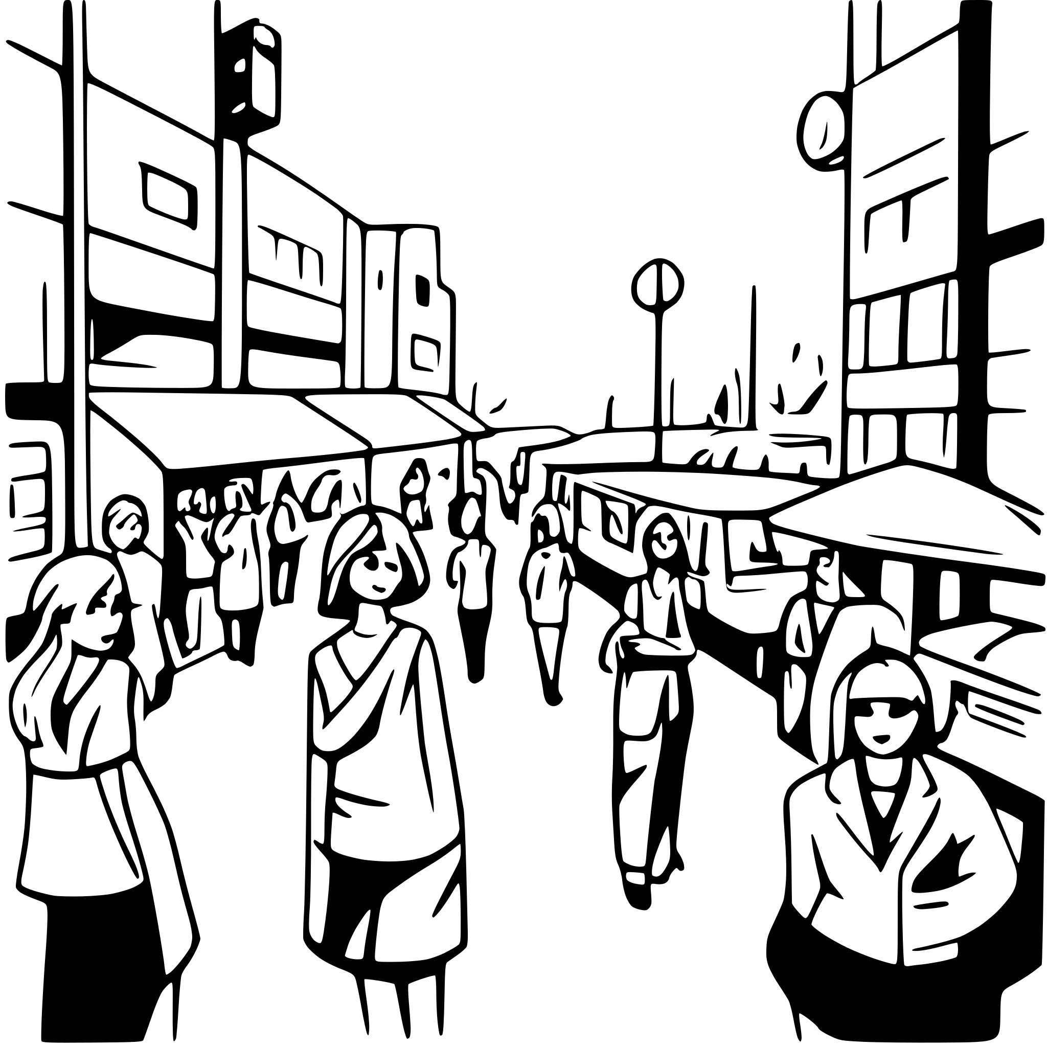 AI-generated SVG of a Urban City market, full of people, traffic
