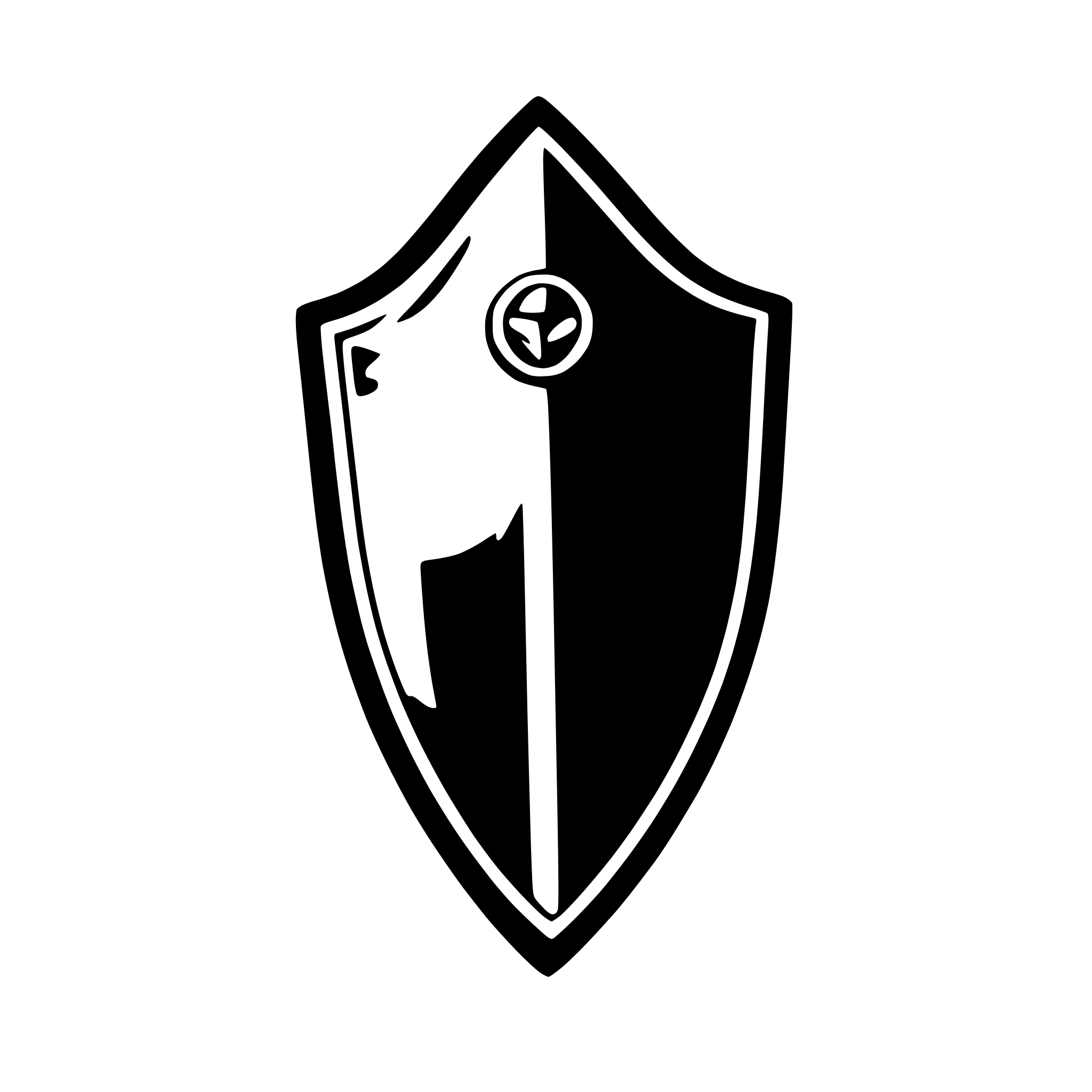 The SVG features a stylized shield with a black background and a white border. The shield has a central emblem, which appears to be a circular symbol with a dot in the center. The shield is outlined with a white border, and there is a small notch at the top right corner. The overall design is simple and geometric, with no additional text or elements. 