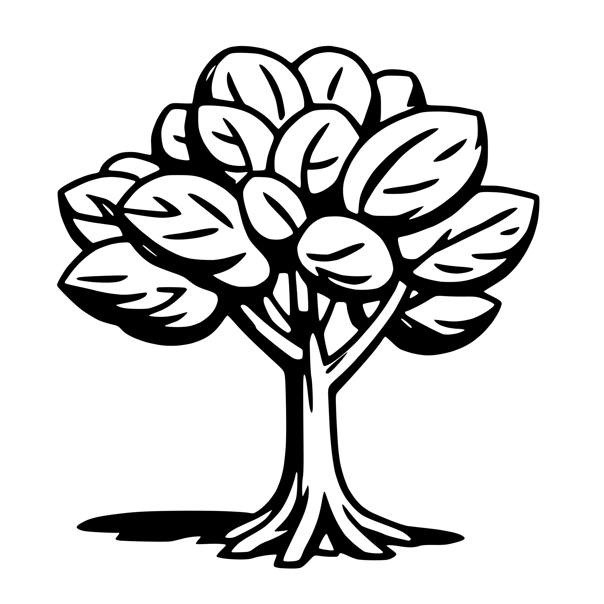 The SVG shows a simple line drawing of a tree with a stylized trunk and branches. The tree has a rounded canopy with what appears to be leaves or foliage, and the branches are depicted with varying lengths and angles, giving a sense of natural growth. The trunk is straight and narrows slightly as it extends upward. The SVG is flat with no shading or depth, and there are no texts or additional elements present. The style is minimalistic and could be used for various graphic design purposes. 