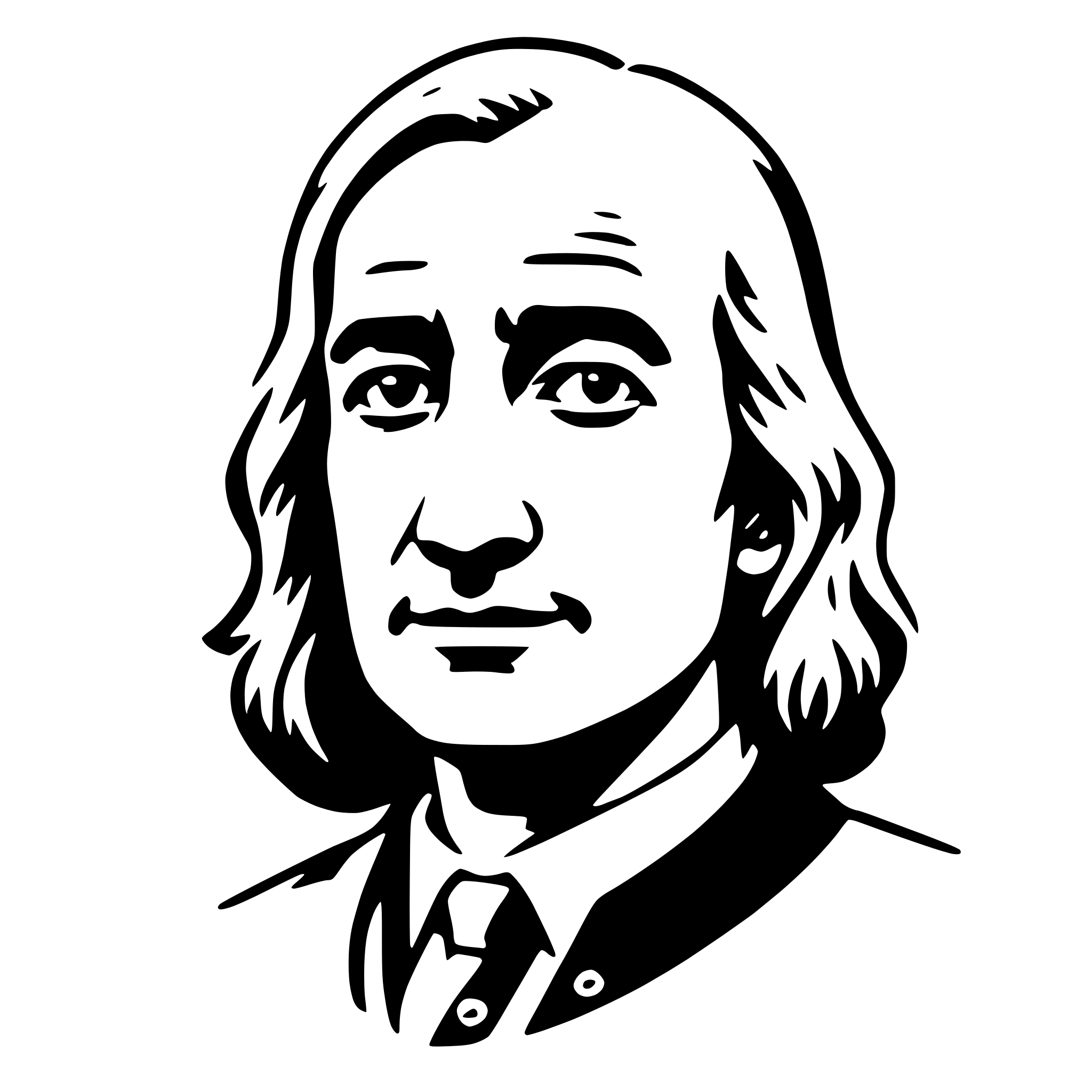 The SVG is a black and white vector illustration of a man's head and shoulders. The man has long hair and a beard, and he is wearing a suit with a tie. He is looking directly at the viewer with a neutral expression. The illustration is simple and stylized, with clean lines and minimal shading. 