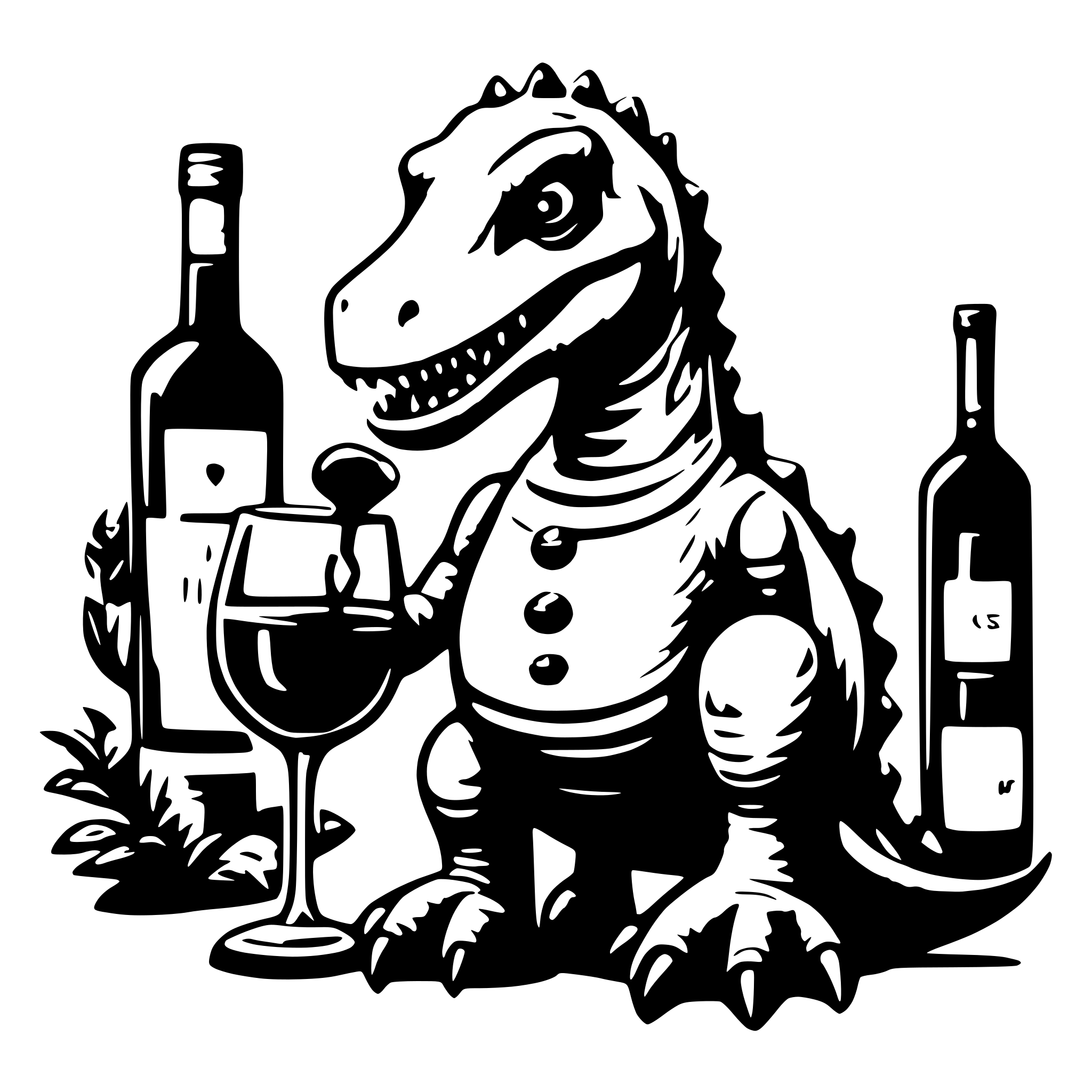 AI-generated SVG of a dinosaur with a glss of wine in the hand