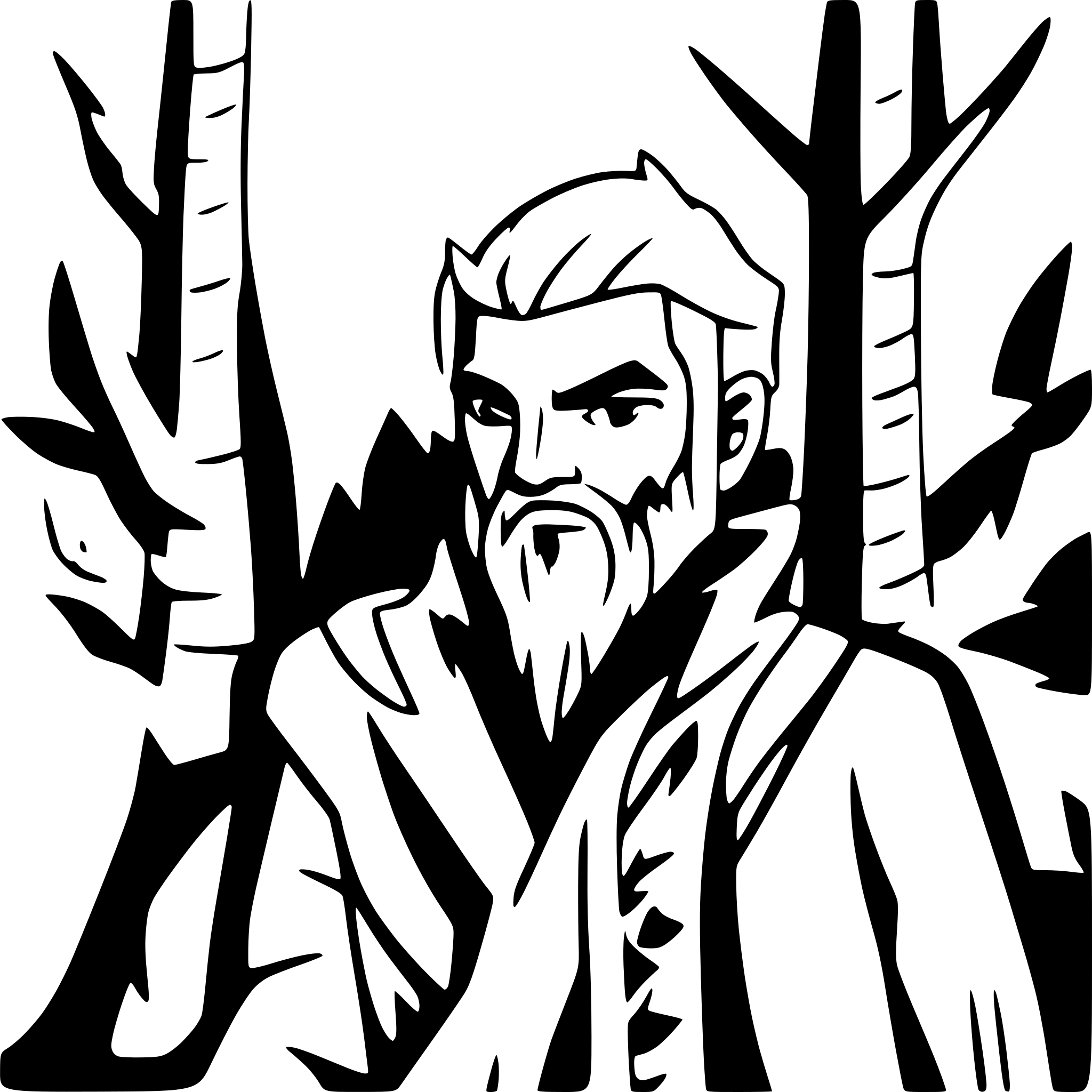 AI-generated SVG of a fierce male druid with beard in a dark forest