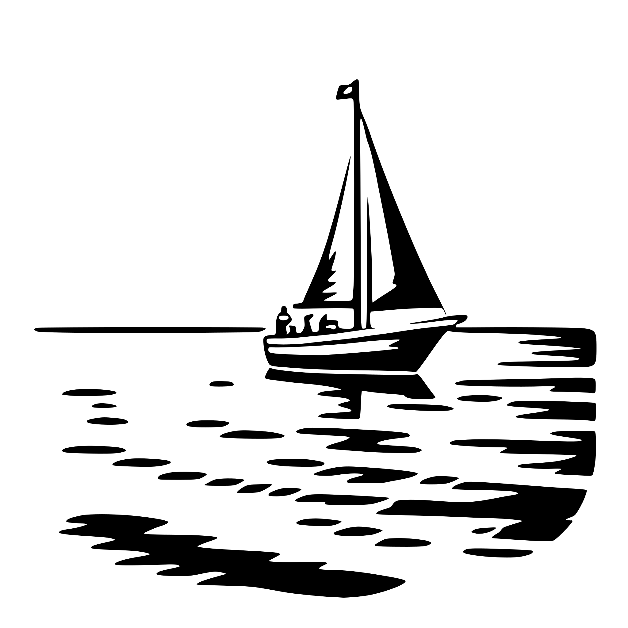 The SVG depicts a simple line drawing of a sailboat on a body of water. The boat is shown with a single sail, and there are three figures on board, likely representing the crew. The water is represented with ripples, suggesting movement or wind. The boat is positioned on the right side of the SVG, and the water extends to the left, creating a sense of depth and space. The boat is the central object in the SVG, and its position on the water indicates that it is in motion or floating. The figures on the boat appear to be engaged in sailing, with one possibly steering and the others possibly managing the sail or other tasks. The overall composition of the SVG is minimalistic and focuses on the essential elements of the scene. 