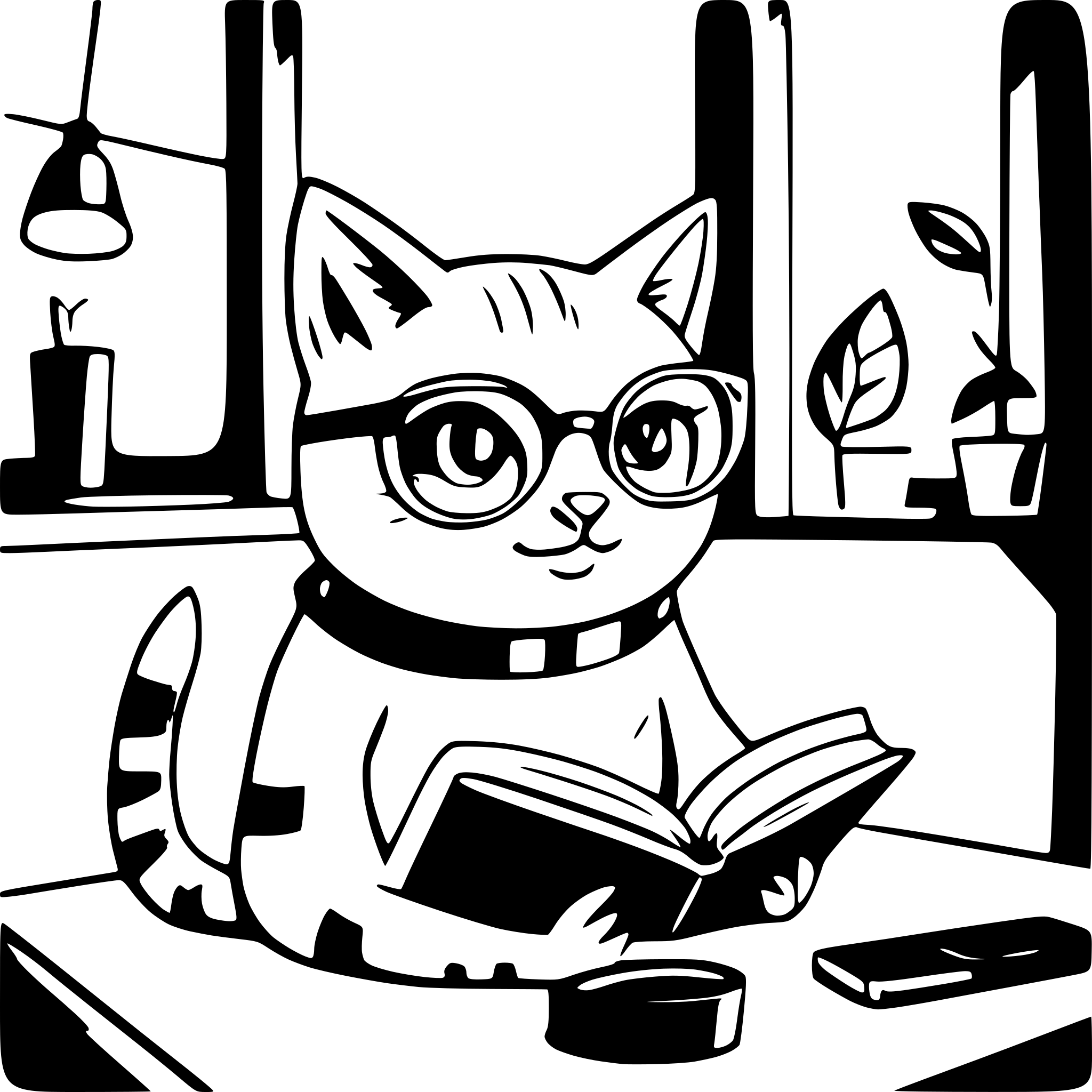 AI-generated SVG of a Orange cat with glasses reading a book