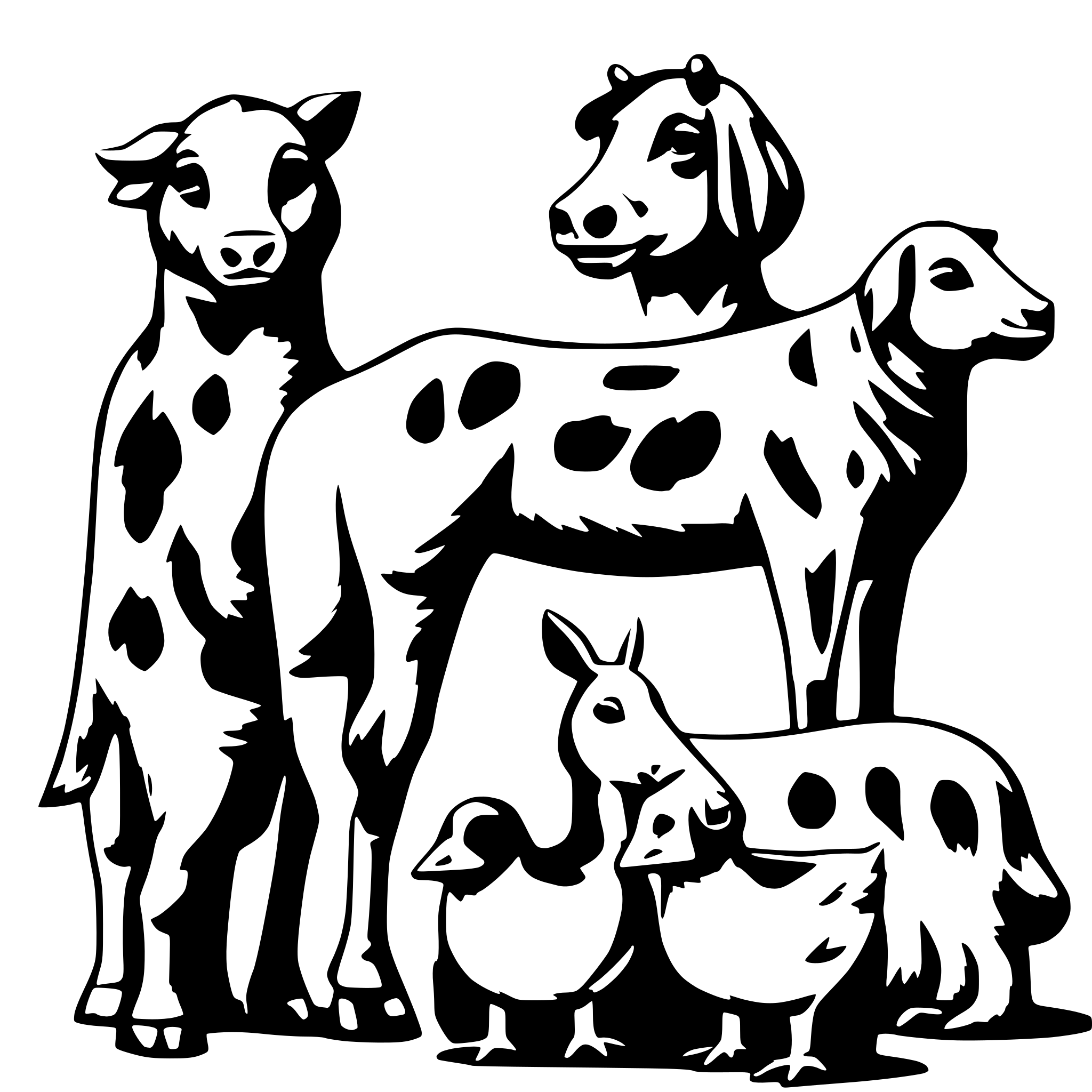 AI-generated SVG of a please create simple 1 color drawings of a cow a horse a pig a dog a cat a rabbit and a chicken seen from the side. all animals stand in a row. let it look professional, not comic like.