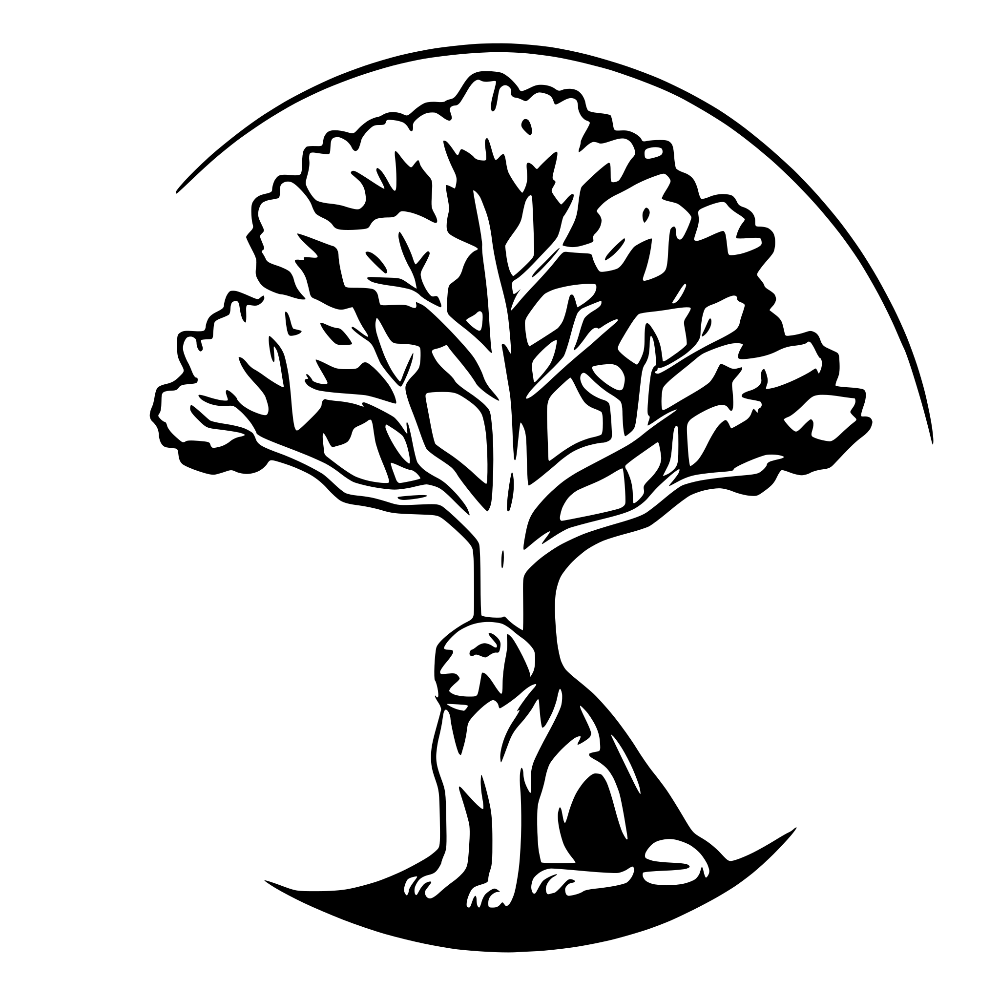 AI-generated SVG of a large oak tree with a golden retriever sitting under it in a circle