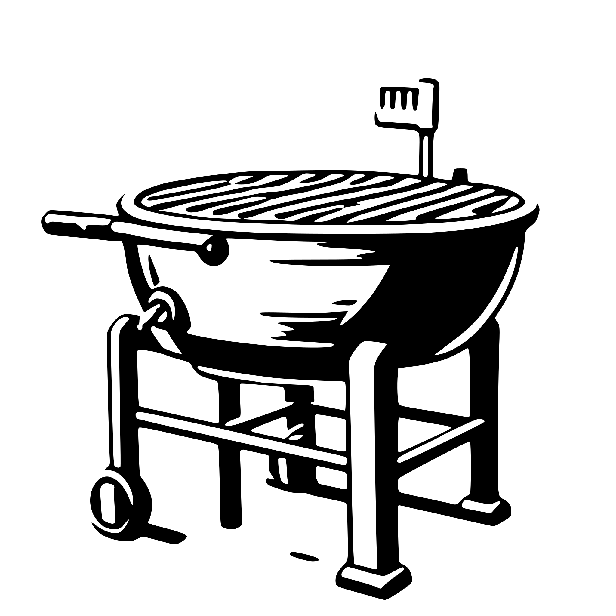 The SVG depicts a simple, stylized illustration of a barbecue grill. The grill is shown with a lid, a handle on the lid, and a side handle for maneuvering. The grill is placed on a stand with two wheels, suggesting mobility. The grill has a flat, circular cooking surface with a grid pattern, which is typical for a barbecue grill. The illustration is minimalistic, with no additional details or text. The grill is the central object in the SVG, and there is no interaction between objects as it is a single, isolated object. 