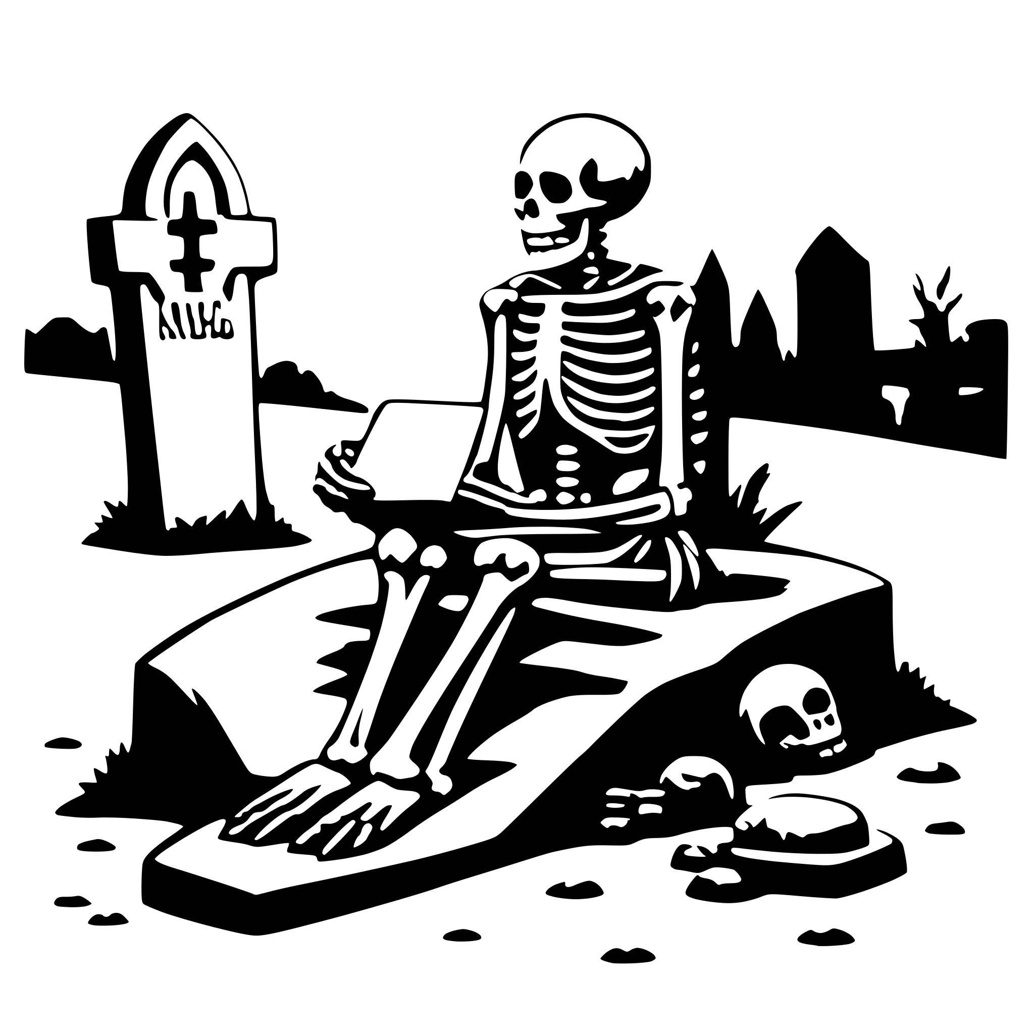 AI-generated SVG of 'a skeleton sitting on a christian grave and reading'