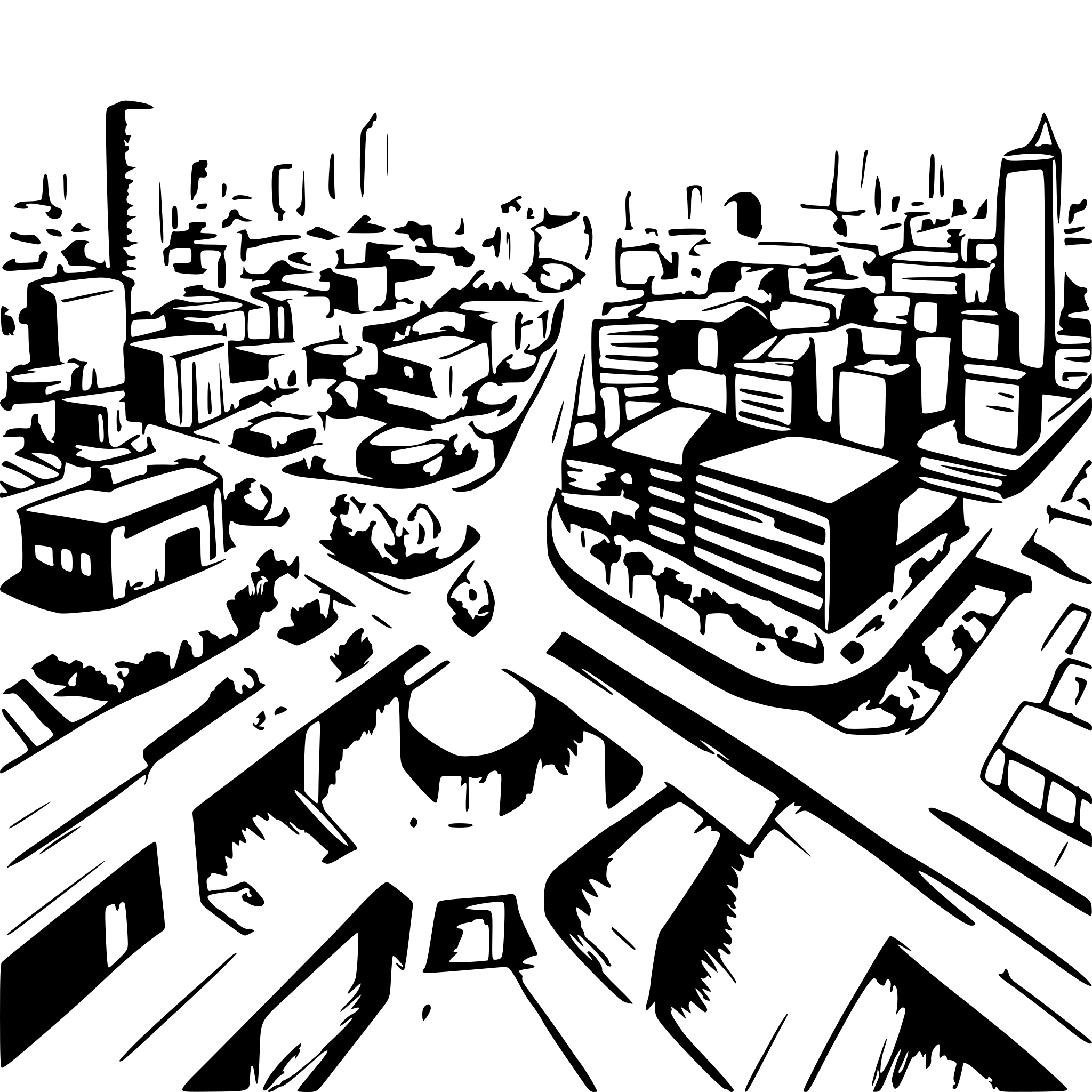 AI-generated SVG of a bird eye view ,use black and white woodcut  thin black shap lines and small dots and very detaling realistic approach vast  city  dark sky  and millions of buildings and sky  sag file ;end part of city must clear