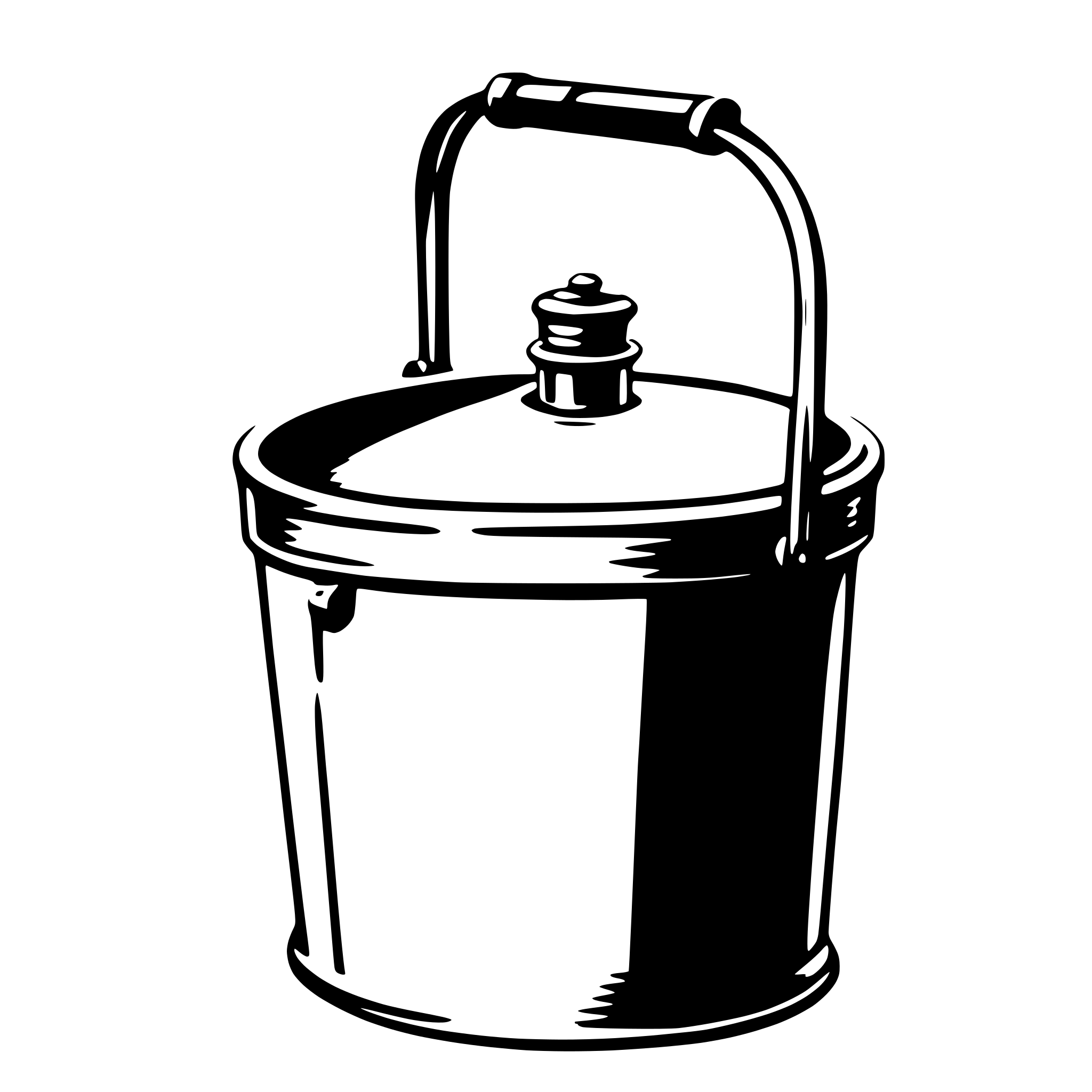 AI-generated SVG of a A black and white SVG of a traditional milk pail with a curved handle and a rounded base.