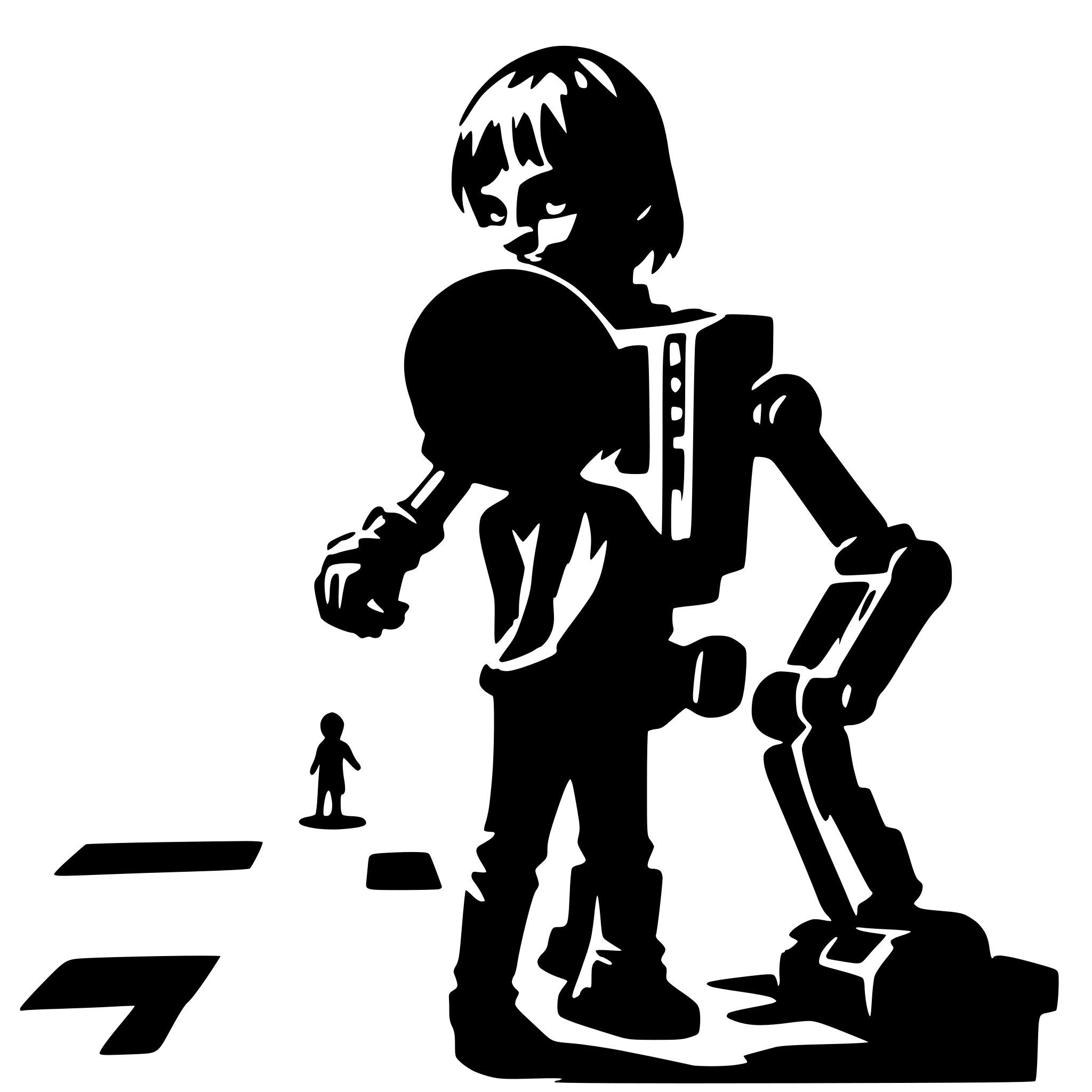 AI-generated SVG of a friendly boy playing with a robot. No background.