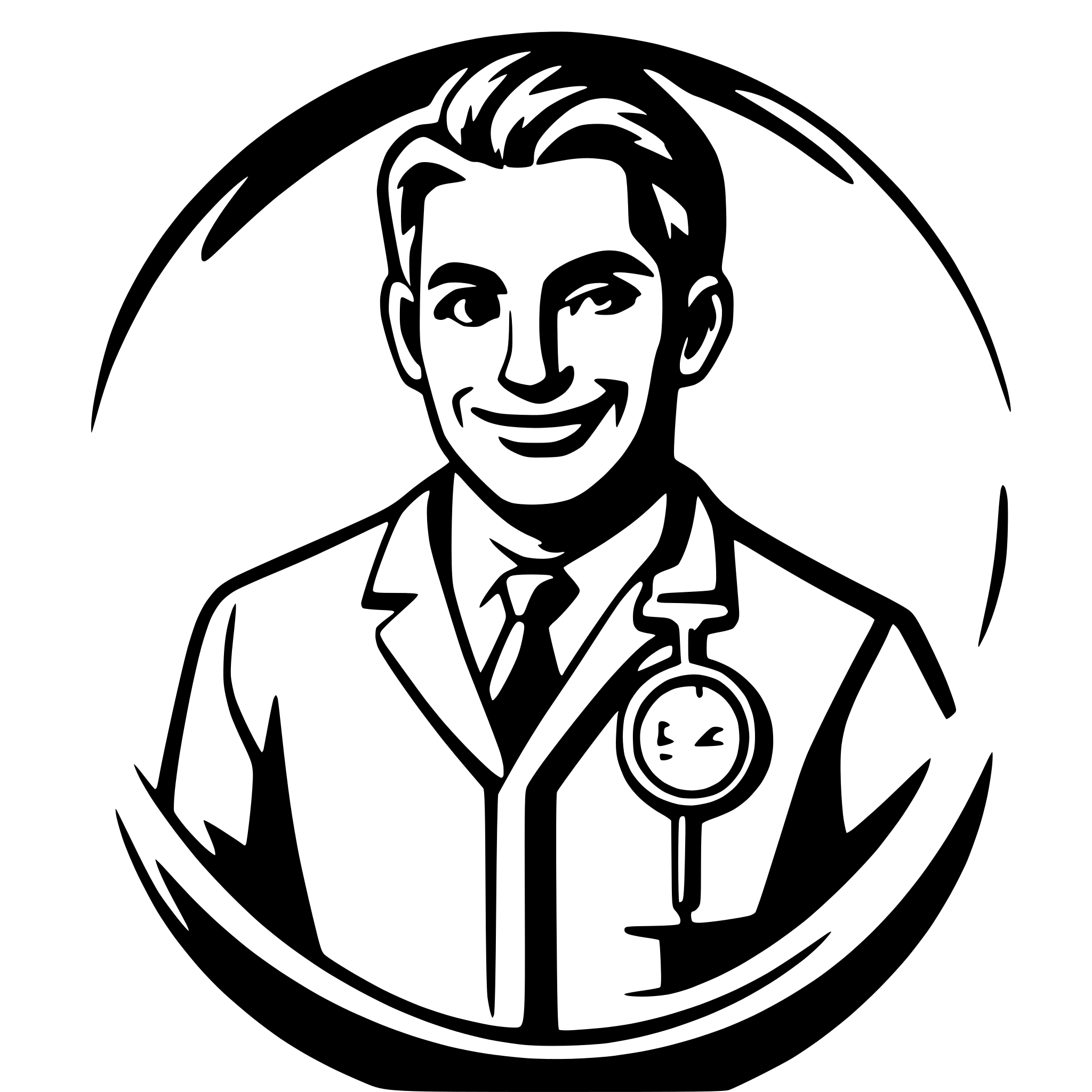 AI-generated SVG of a Logo for doctor-s office, smiling middleage male doctor with stetoscop, no beard, white shirt, circle backgorund