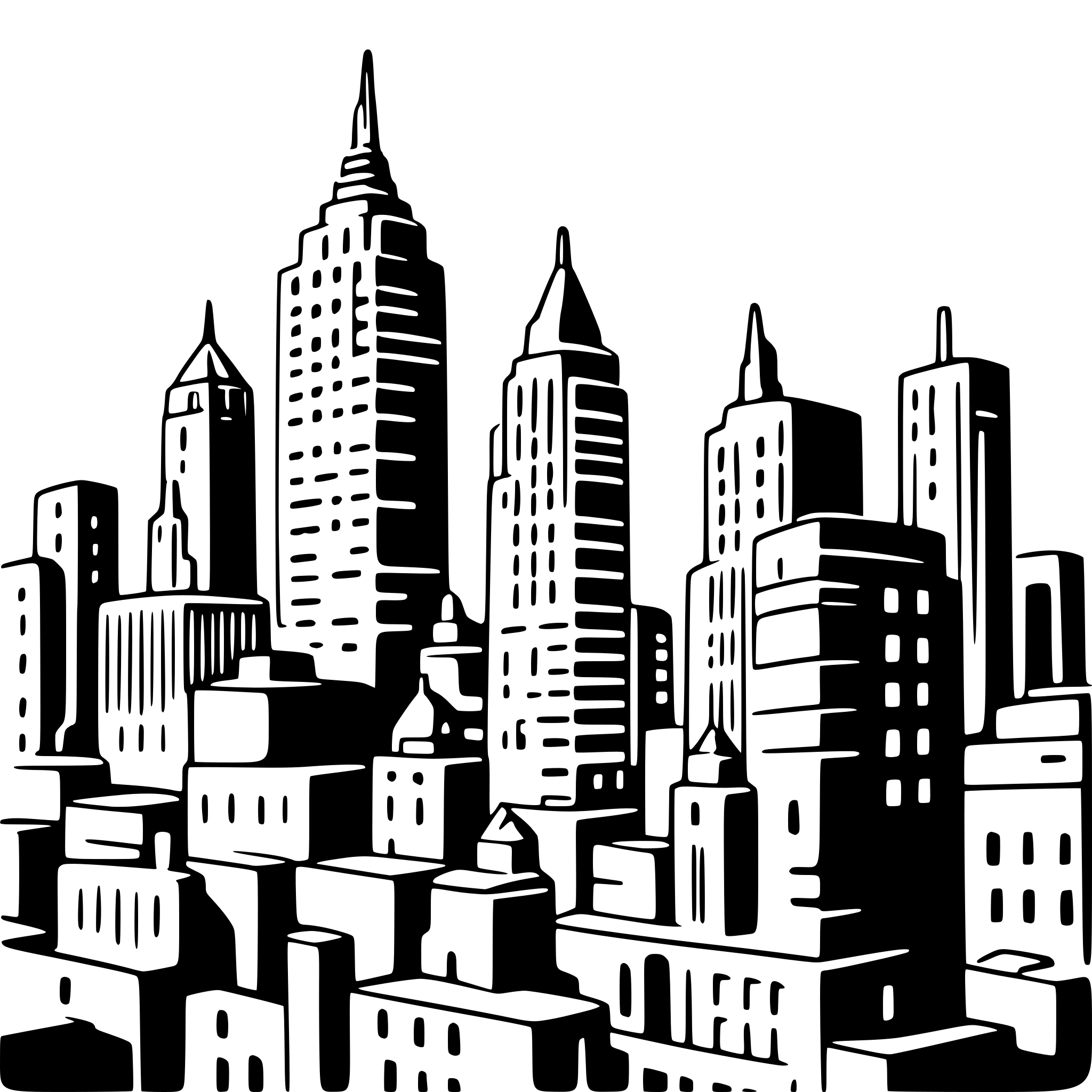 AI-generated SVG of a “Minimal‑line, monochrome night illustration of the New York City skyline. Two iconic towers dominate: the Empire State Building on the left and the Chrysler Building on the right, each rendered in thin, precise outlines and dark‑gray shading. Around them, mid‑rise rectangular buildings fill the lower half of the frame, their window grids drawn in the same subdued gray. The sky is nearly black with a very subtle vertical gradient, containing only a few tiny plus‑shaped stars and faint cloud silh