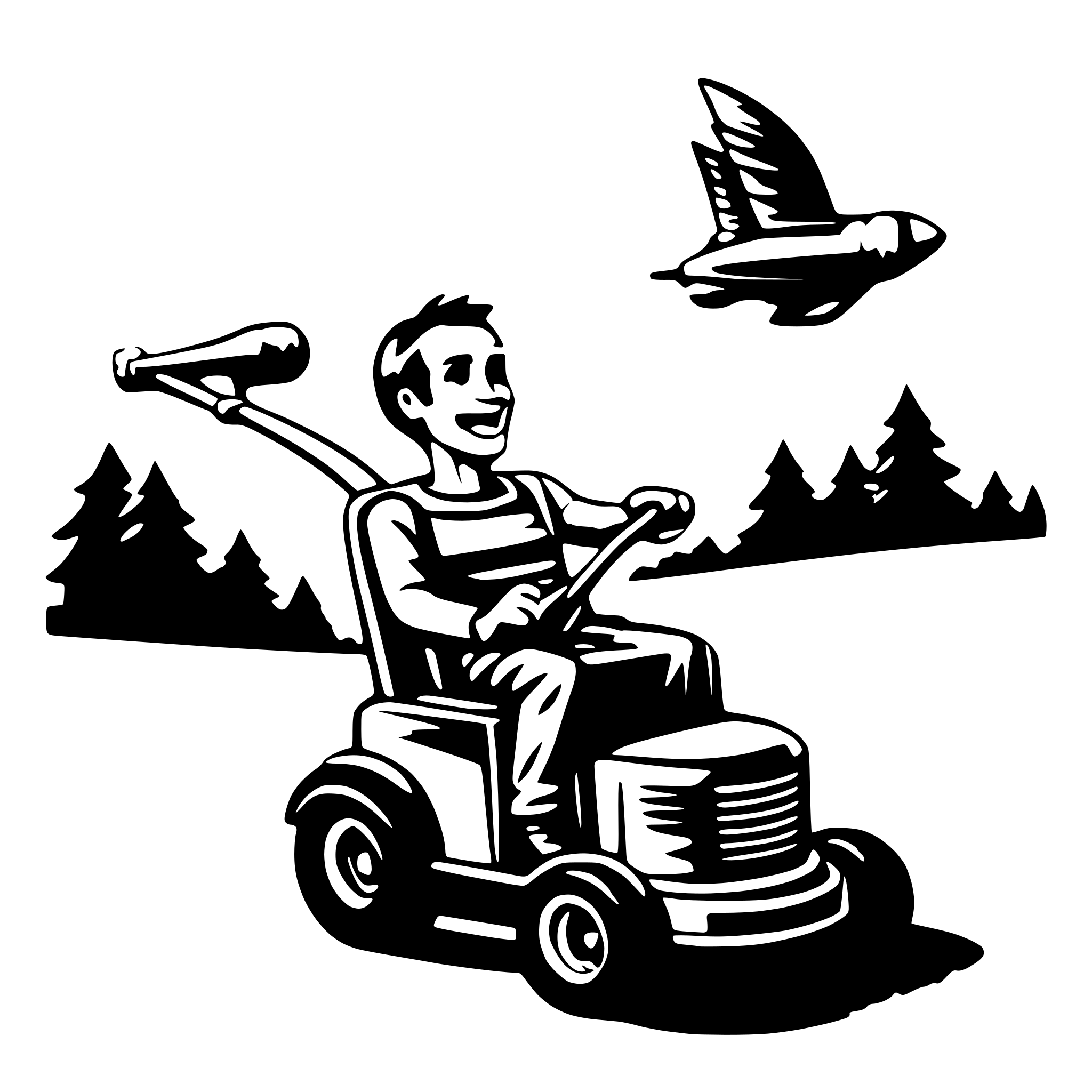 AI-generated SVG of a funny flying man lawn mower