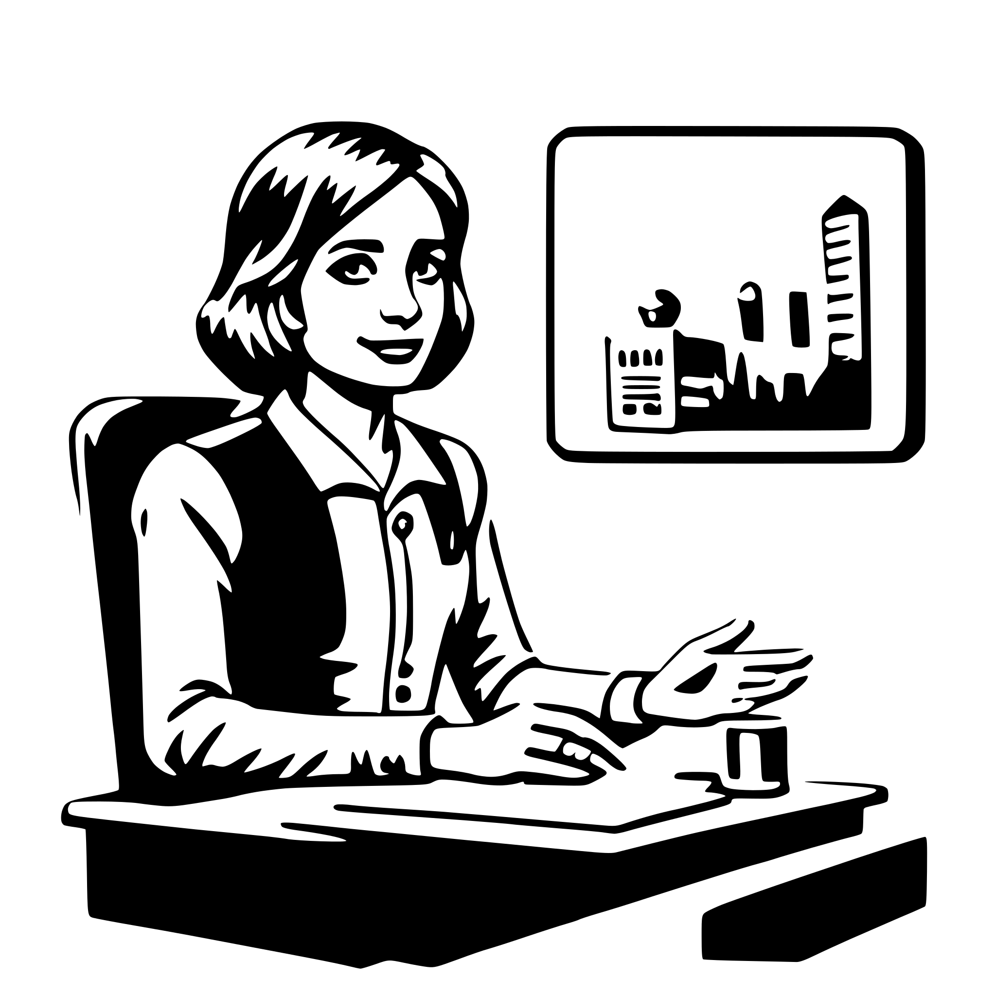 The SVG depicts a stylized illustration of a woman sitting at a desk. She is wearing a collared shirt and a vest, and her hands are on a computer mouse. In front of her is a computer monitor displaying a cityscape. The woman appears to be engaged in work or a task on the computer. The overall style is simplistic and cartoon-like, with solid black outlines and minimal shading. 