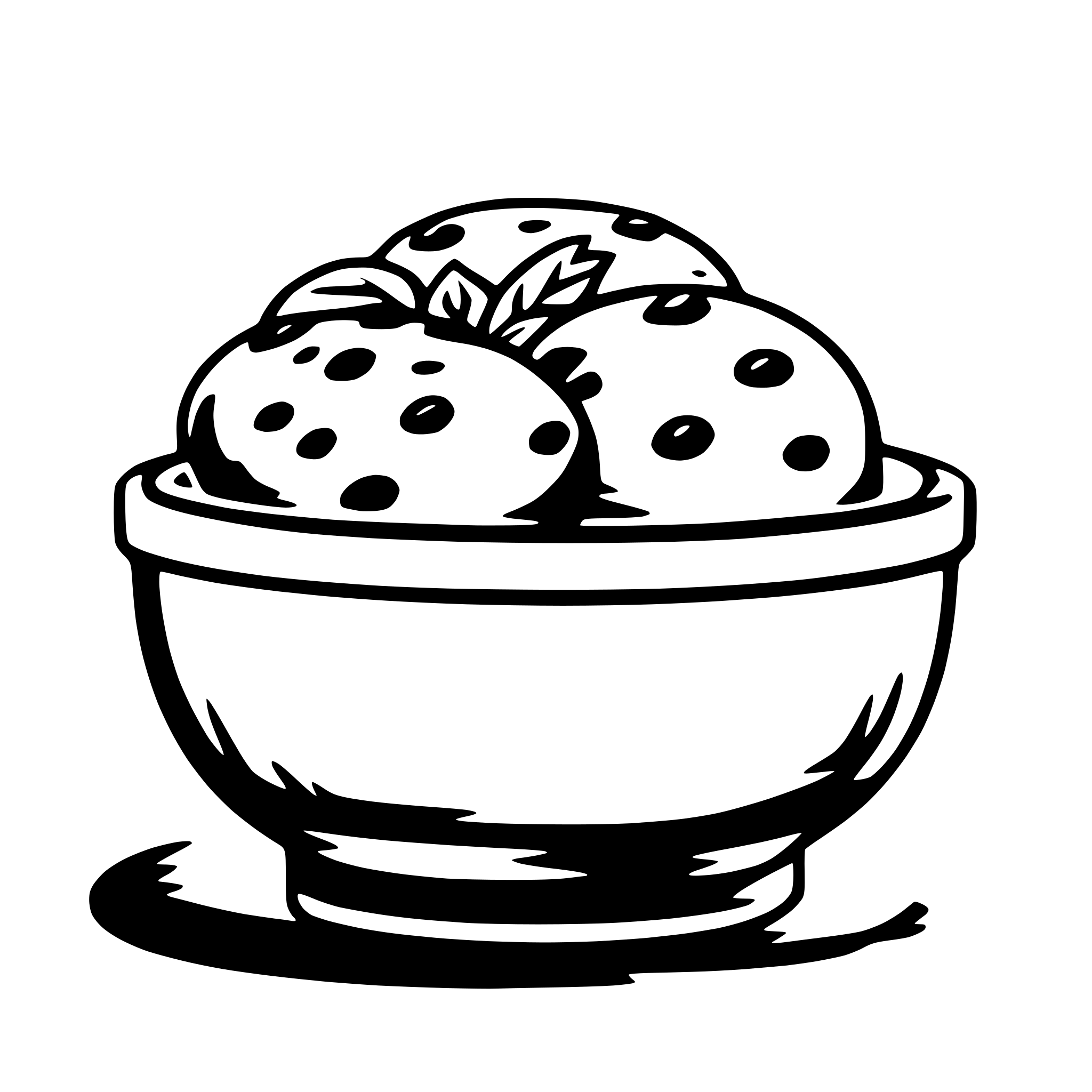 The SVG depicts a stylized illustration of a bowl filled with what appears to be a fruit or vegetable, possibly a berry or a similar round, dark-colored item with lighter spots. The bowl is placed on a surface, and there is a shadow beneath it, suggesting a light source from above. The style is simple and cartoonish, with bold outlines and minimal shading. 