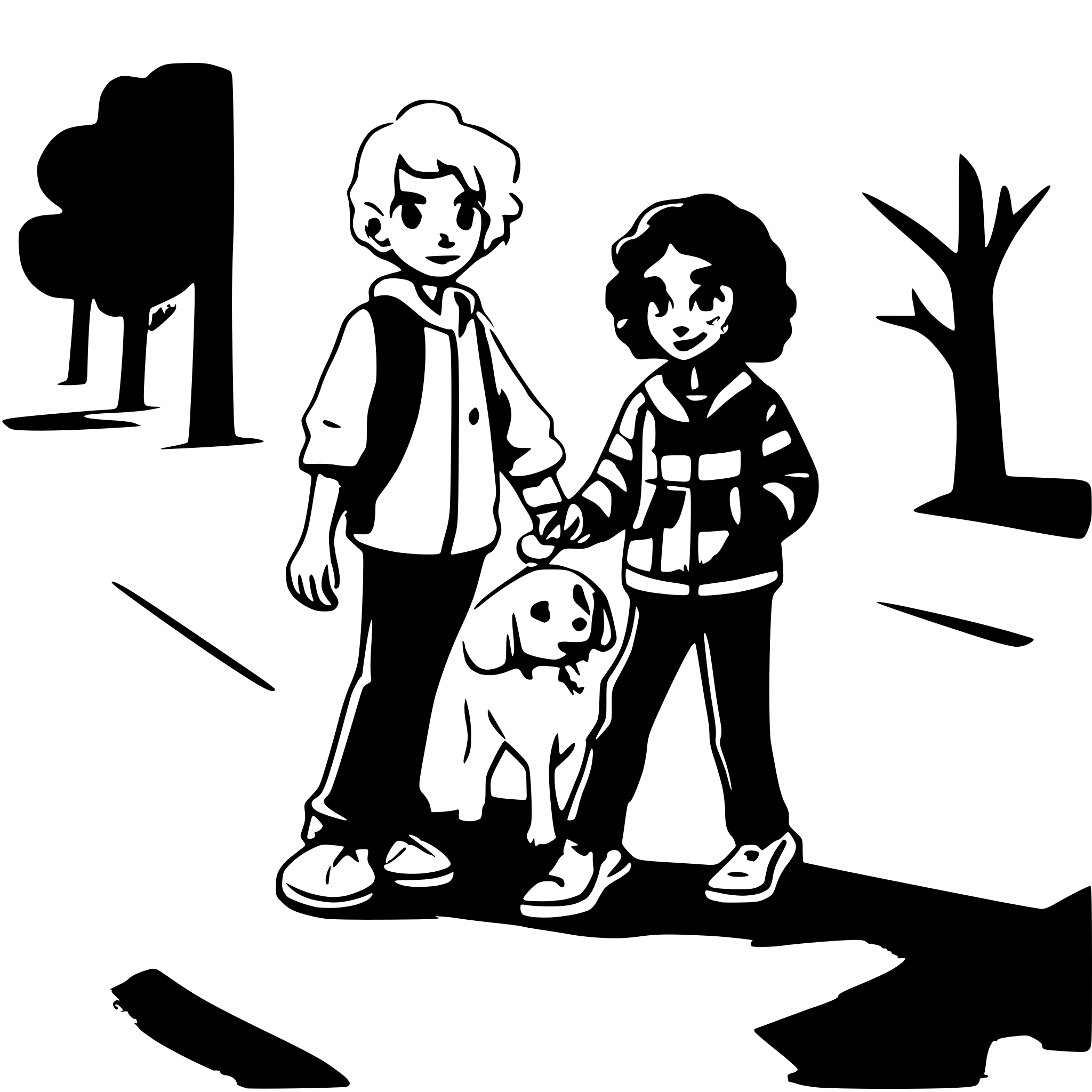 AI-generated SVG of a Two brown boys with curly black hair are walking a white Maltese puppy in the park.