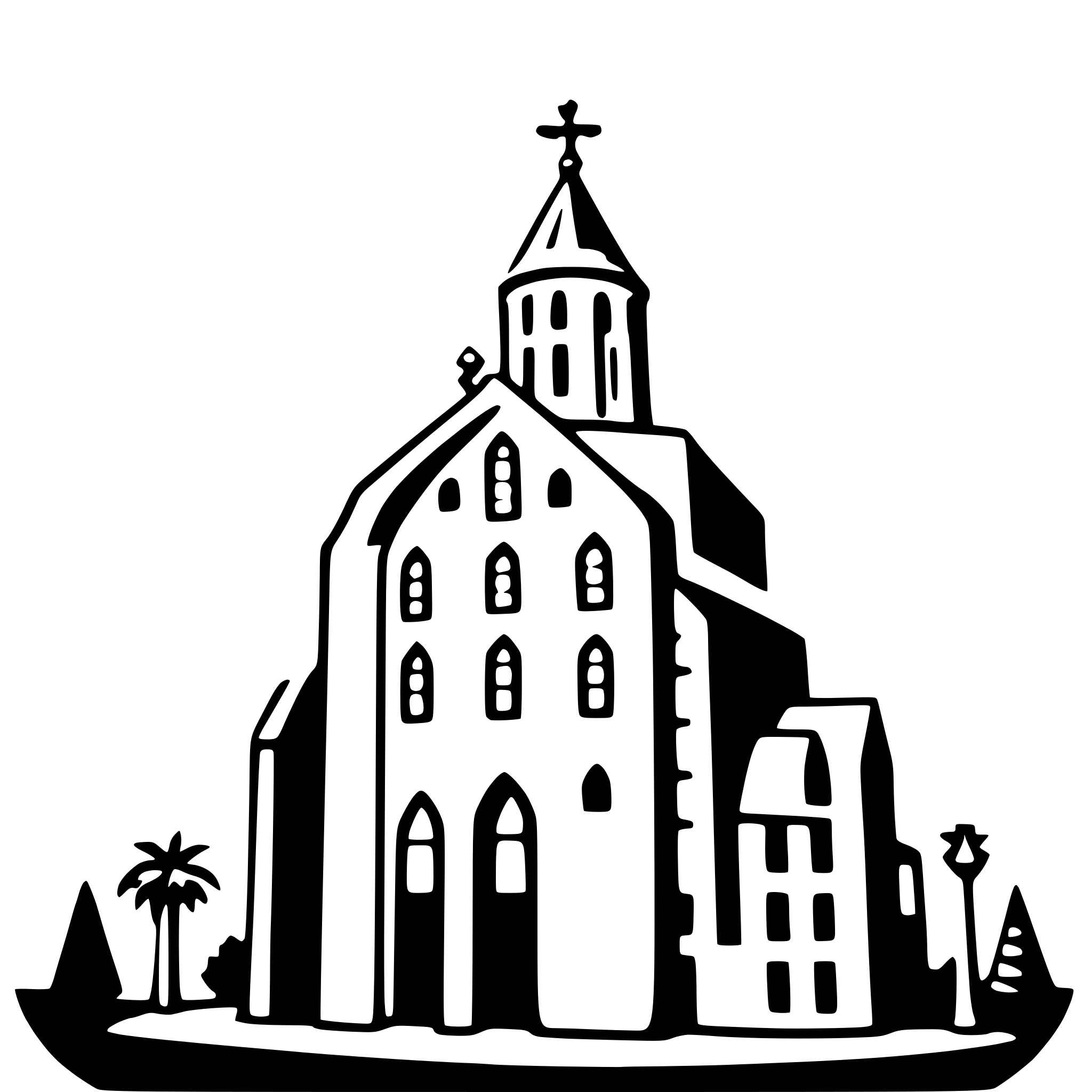 The SVG depicts a stylized, monochromatic illustration of a church with a steeple, set against a simple background. The church has a prominent cross on top of the steeple, and there are three visible windows on the front facade. To the left of the church, there is a palm tree, and to the right, there is a small building with a pointed roof, which could be a chapel or a bell tower. The church and the smaller building are connected by a pathway, suggesting a campus-like setting. The overall style is minimalistic and appears to be a digital vector illustration. 