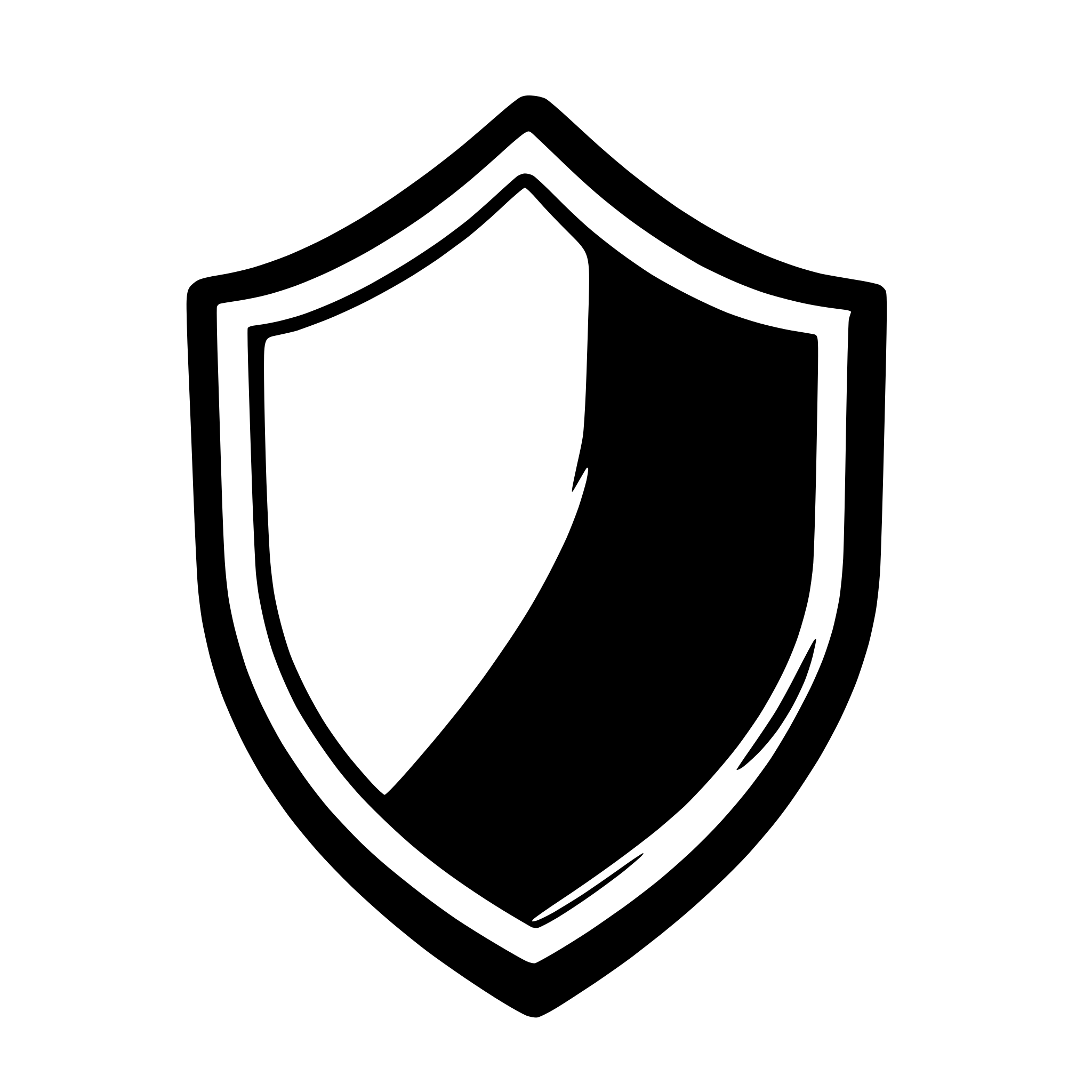 The SVG displays a stylized shield graphic. The shield is outlined in black and filled with a solid color, which appears to be white in this context. The shield has a curved top and a straight bottom, with a pointed tip at the top. The design is simple and does not depict any additional elements or actions. 