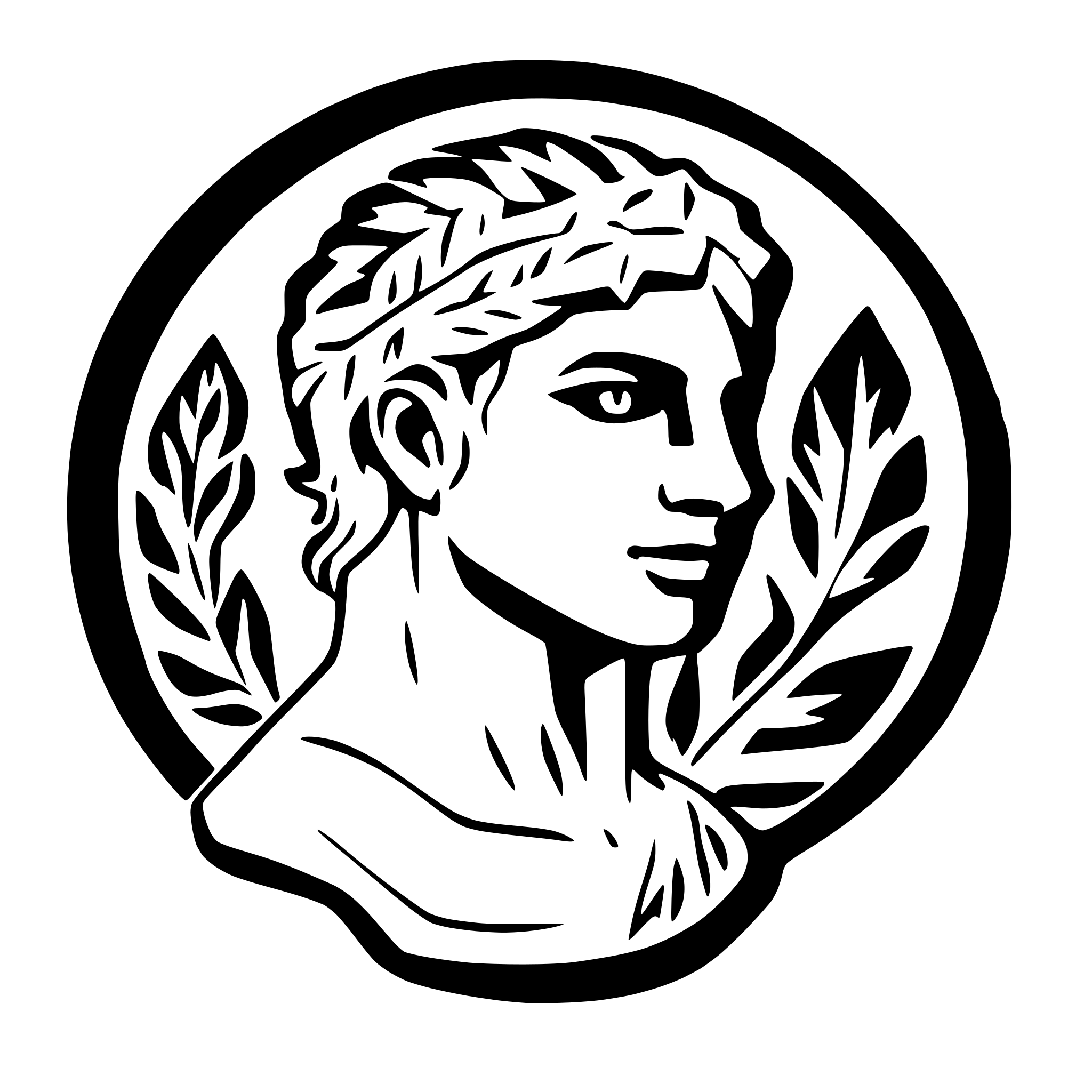 AI-generated SVG of a Ceasar like roman bust with a laurel head wreath in extremely minimal style with very few lines, shown from a 3/4 view and 2d format