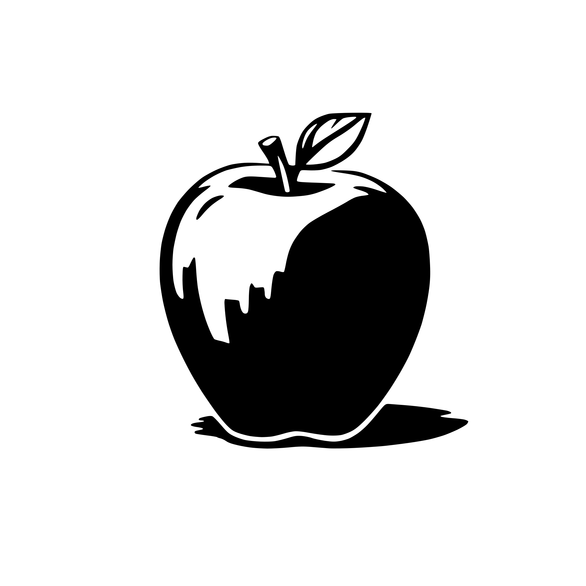 The SVG shows a simple black and white line drawing of an apple. The apple is depicted with a stem on top and a shadow cast on the ground, suggesting a light source from above. The apple is the central object in the SVG, and there are no other objects or interactions depicted. 