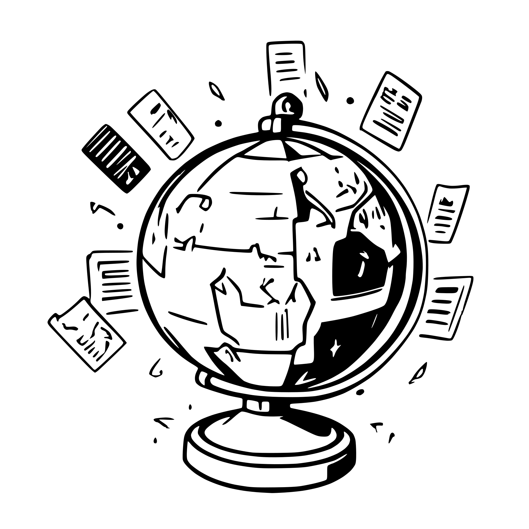 AI-generated SVG of a "A globe with research papers flying around it like satellites, symbolizing the global recognition that comes with publishing in Scopus indexed journals. The globe should be detailed, with a modern, clean look, and the flying papers should create a dynamic sense of motion."