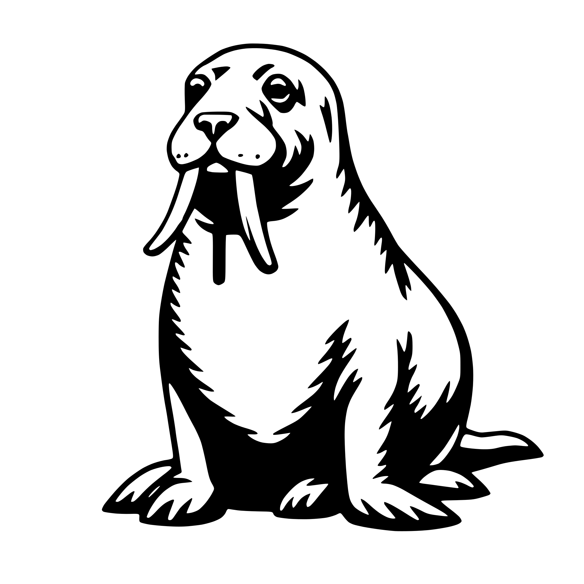 The SVG depicts a stylized, cartoon-like depiction of a walrus. The walrus is shown in a seated position, with its front flippers extended forward and its hind flippers tucked under its body. It has a long snout with two visible tusks, and its eyes are closed. The walrus's body is round, and it has a simple, smooth outline with no intricate details. The SVG is a vector graphic, which means it can be scaled to any size without losing quality. 