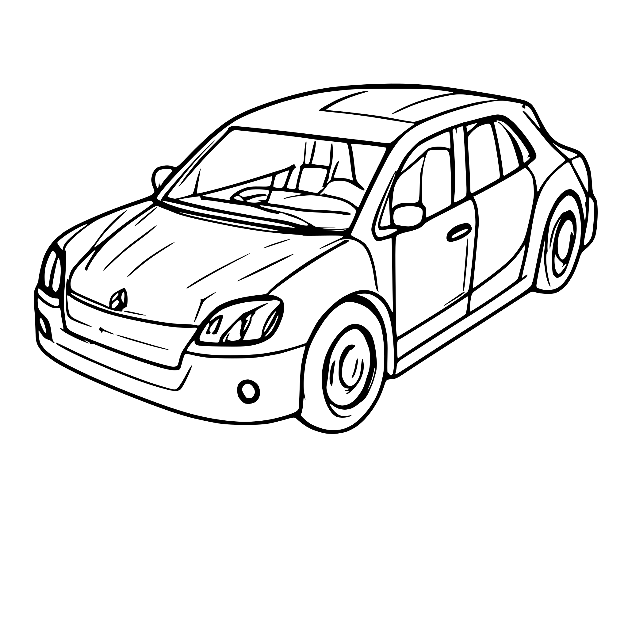 AI-generated SVG of a Technical schematic of a passenger car with transparent wireframe body, clearly showing the engine and transmission fully visible underneath the transparent body. Minimal thin lines, no fills, no shading, focus on transparency and interior mechanical parts visible below car body.