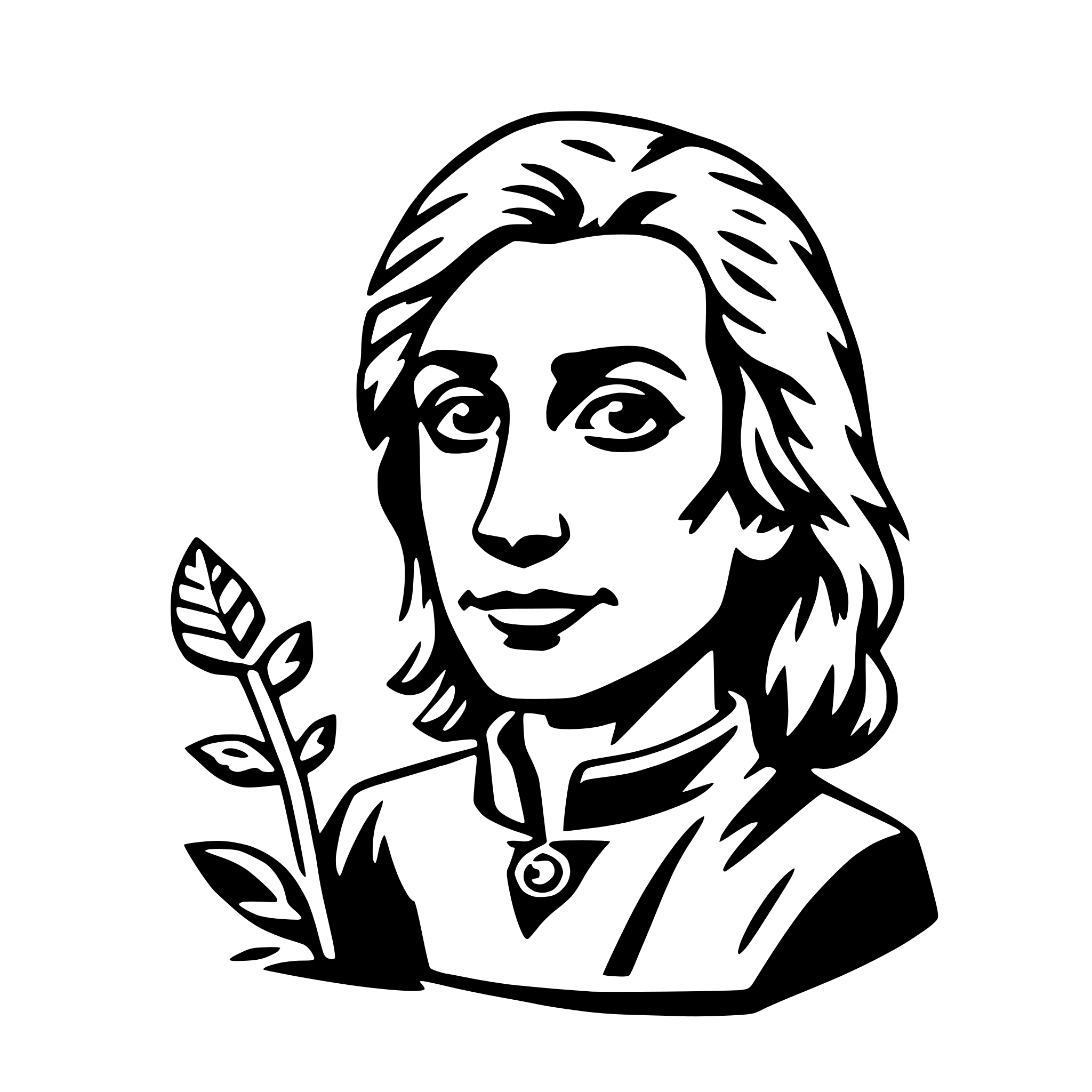 The SVG features a stylized black and white illustration of a person's profile. The person has long hair and is wearing what appears to be a collar, suggesting a historical or formal attire. To the right of the person's head, there is a small plant with leaves, which is integrated into the design, giving the impression that the plant is growing from the person's hair or the collar. The plant adds a natural element to the portrait. The overall style is simple and graphic, with clean lines and a limited color palette. 