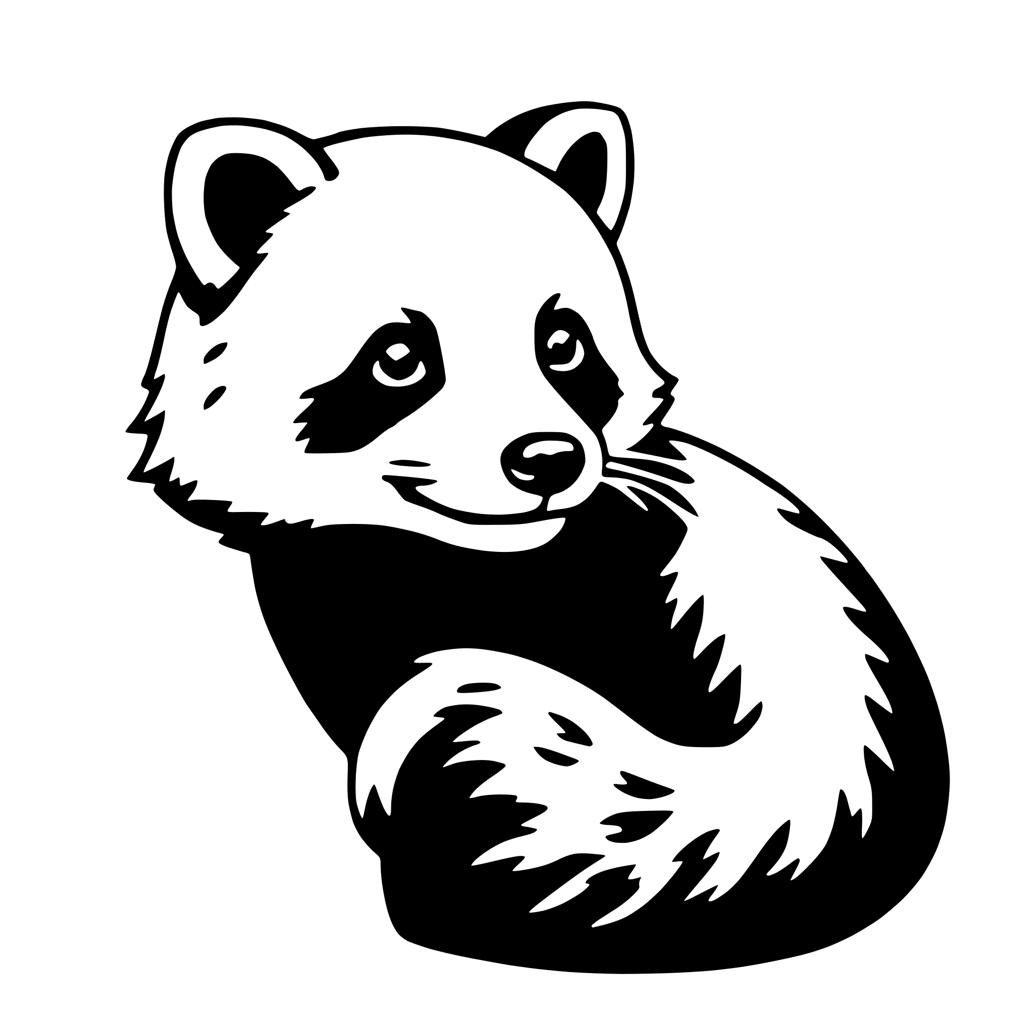 The SVG depicts a stylized black and white illustration of a raccoon. The raccoon is sitting upright with its front paws extended forward, giving it a somewhat anthropomorphic appearance. It has a round head with two small, round ears, and its eyes are large and round, with a small black nose below them. The raccoon's body is curved, with its tail wrapped around its body, and it has a pattern of darker fur on its back and lighter fur on its belly. The SVG is simple and cartoonish, with no additional objects or interactions depicted. 