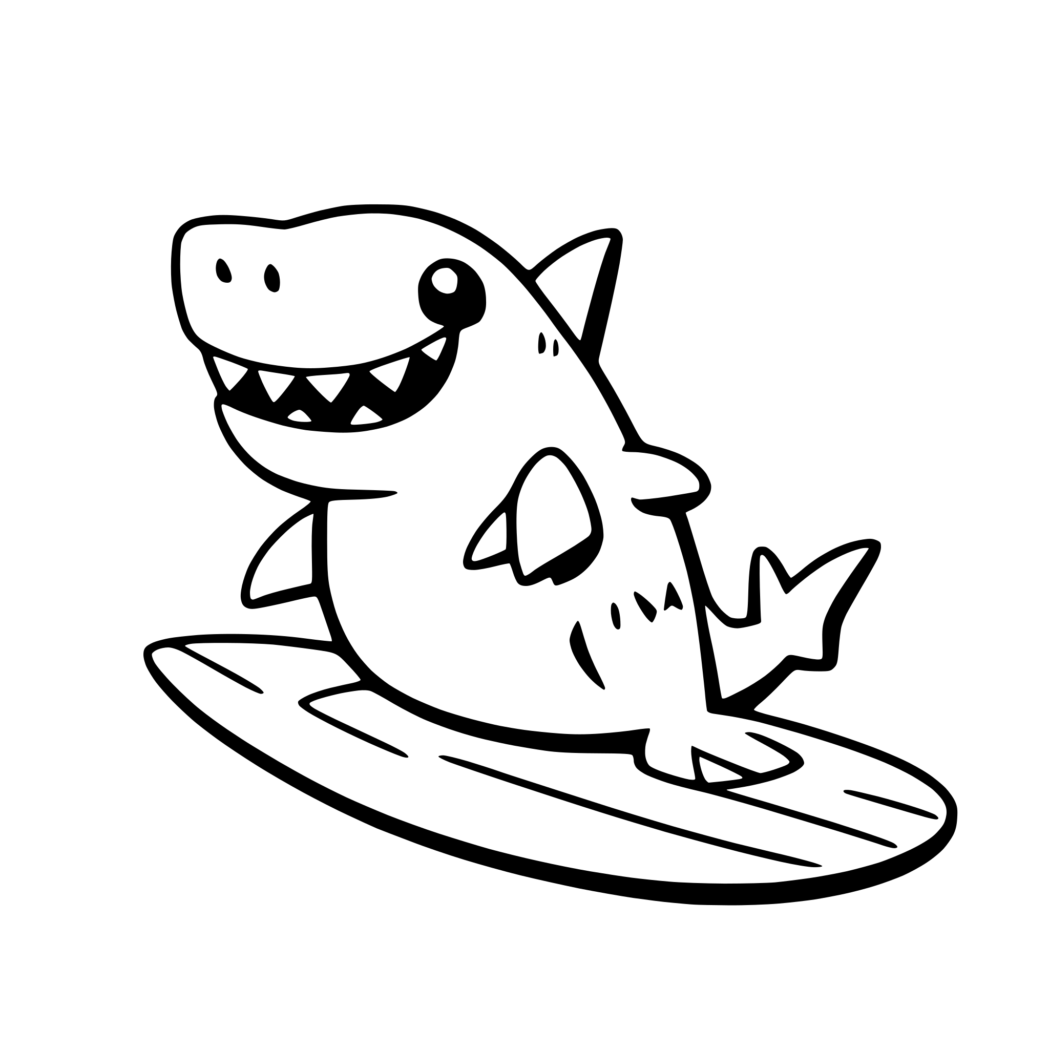 AI-generated SVG of a a playful shark with a surfboard