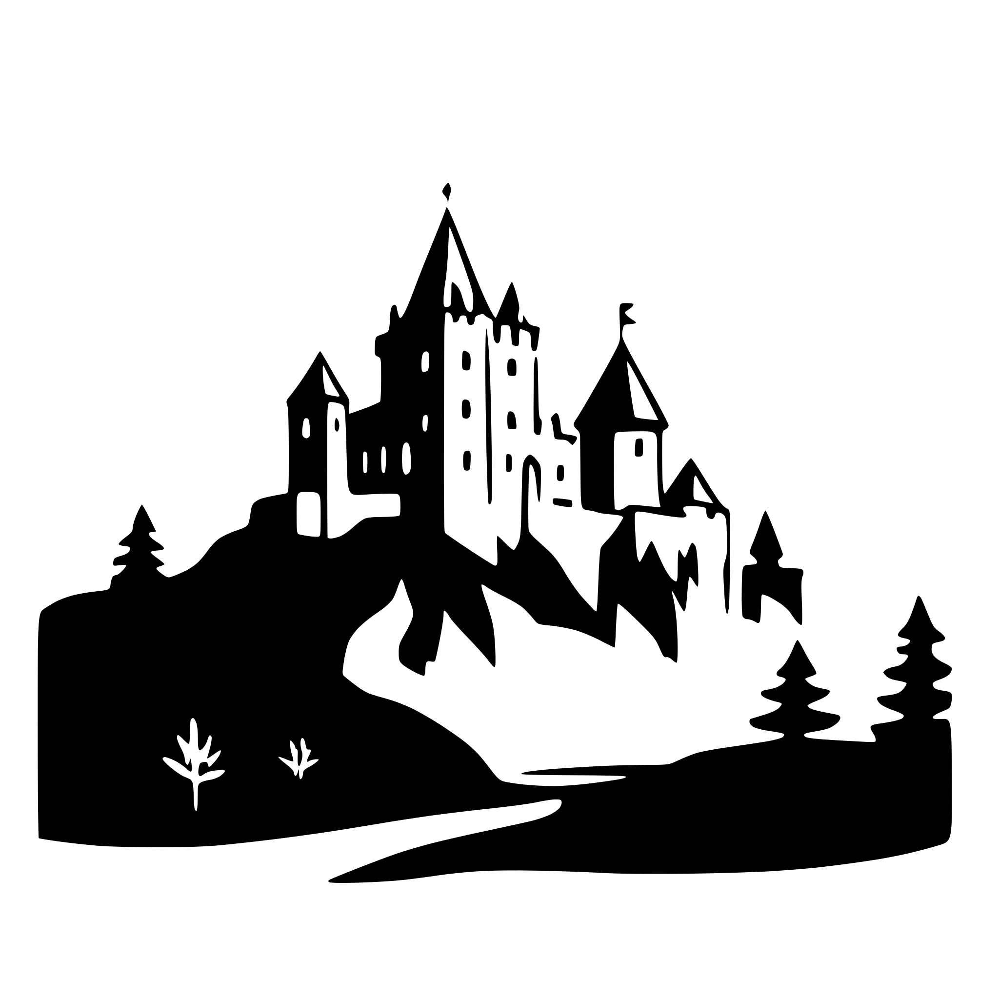 AI-generated SVG of 'A clean minimalist sketch of (a majestic castle on a hill surrounded by forest and a  river), clear details, bold and defined lines on a plain white background. simple features, minimal details, and sharp edges, No complex shadows or gradients'