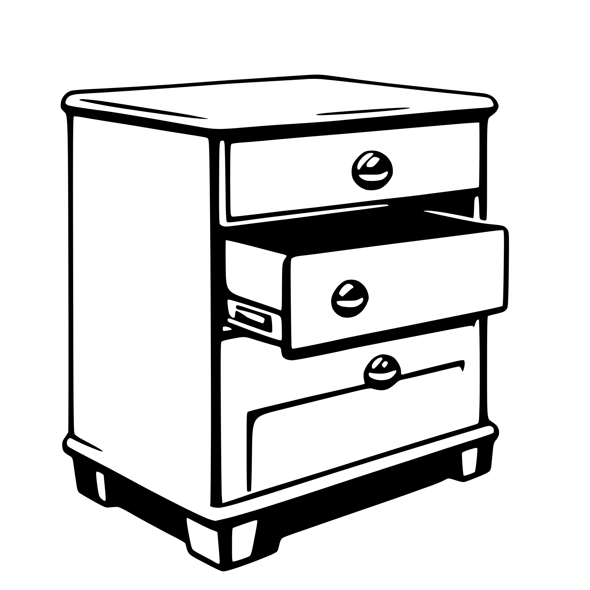 The SVG shows a simple, stylized depiction of a three-drawer desk. The desk has a flat top and is supported by four legs. Each drawer has a single handle, and the front of the desk appears to have a small drawer or compartment at the bottom. The style is minimalistic and appears to be a line drawing with no shading or color. 