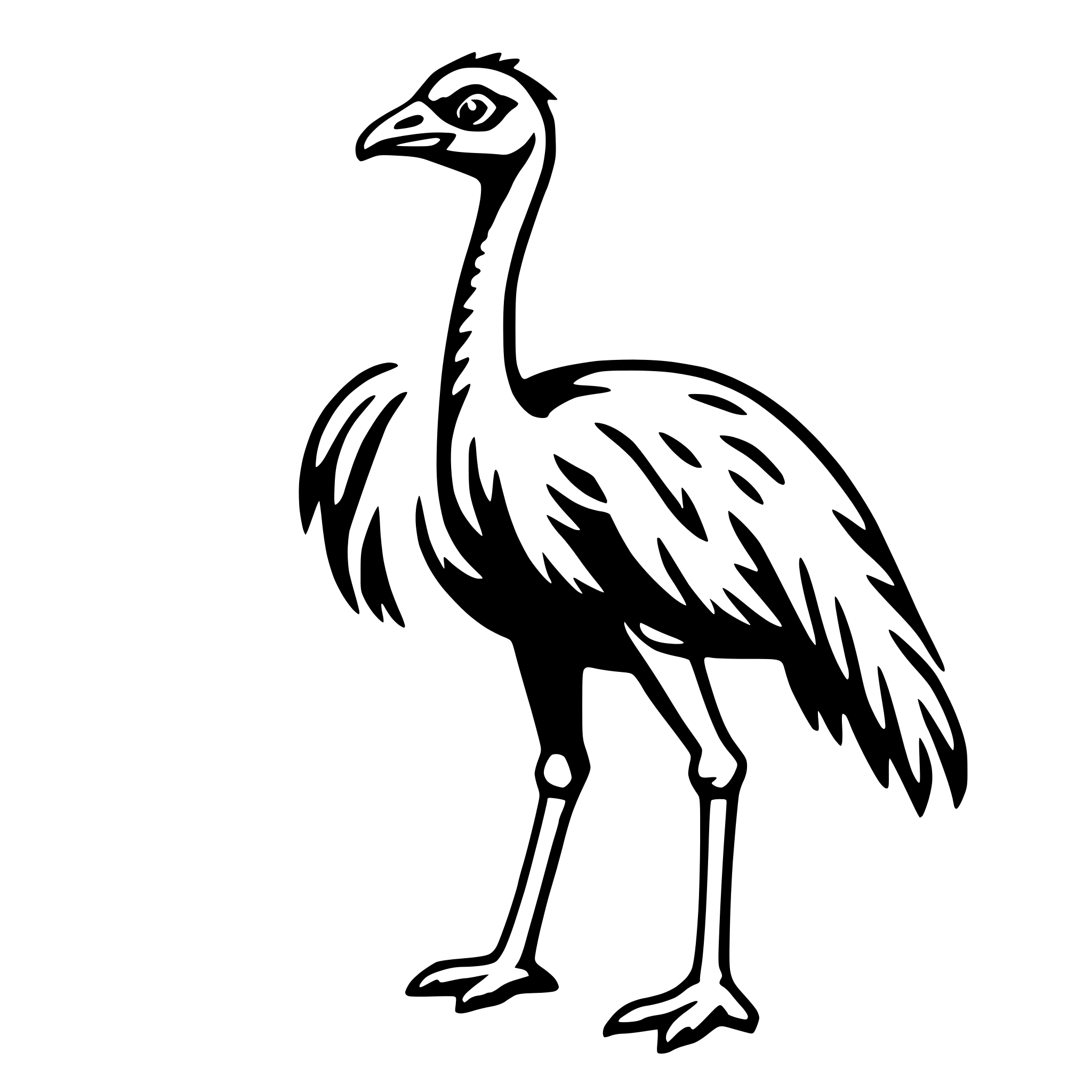 The SVG shows a stylized black and white illustration of an ostrich. The ostrich is depicted with a prominent head, a long neck, and a body with feathers. It has two legs and two feet, with the feet appearing to be webbed. The ostrich is facing to the left, and its head is turned slightly to the right. The illustration is simple and does not include any additional elements or background details. 