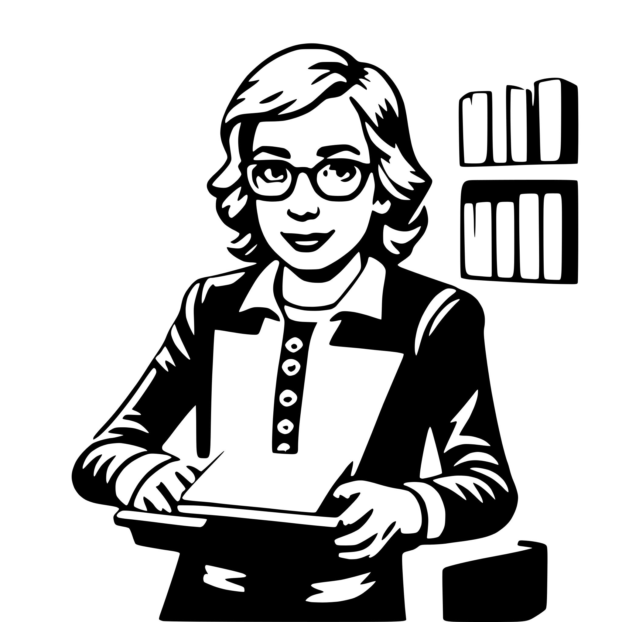 The SVG depicts a stylized illustration of a person, likely a woman, wearing glasses and a collared shirt. She is holding a tablet or a small book in her hands. Behind her, there are three vertical lines, each with a book on top, suggesting a bookshelf or a display of books. The style is simplistic and cartoonish, with solid black outlines and no shading or coloring. The interaction between the objects is that the woman is presenting or showing the book or tablet she is holding, while the books on the shelves behind her are displayed for viewing or selection. 