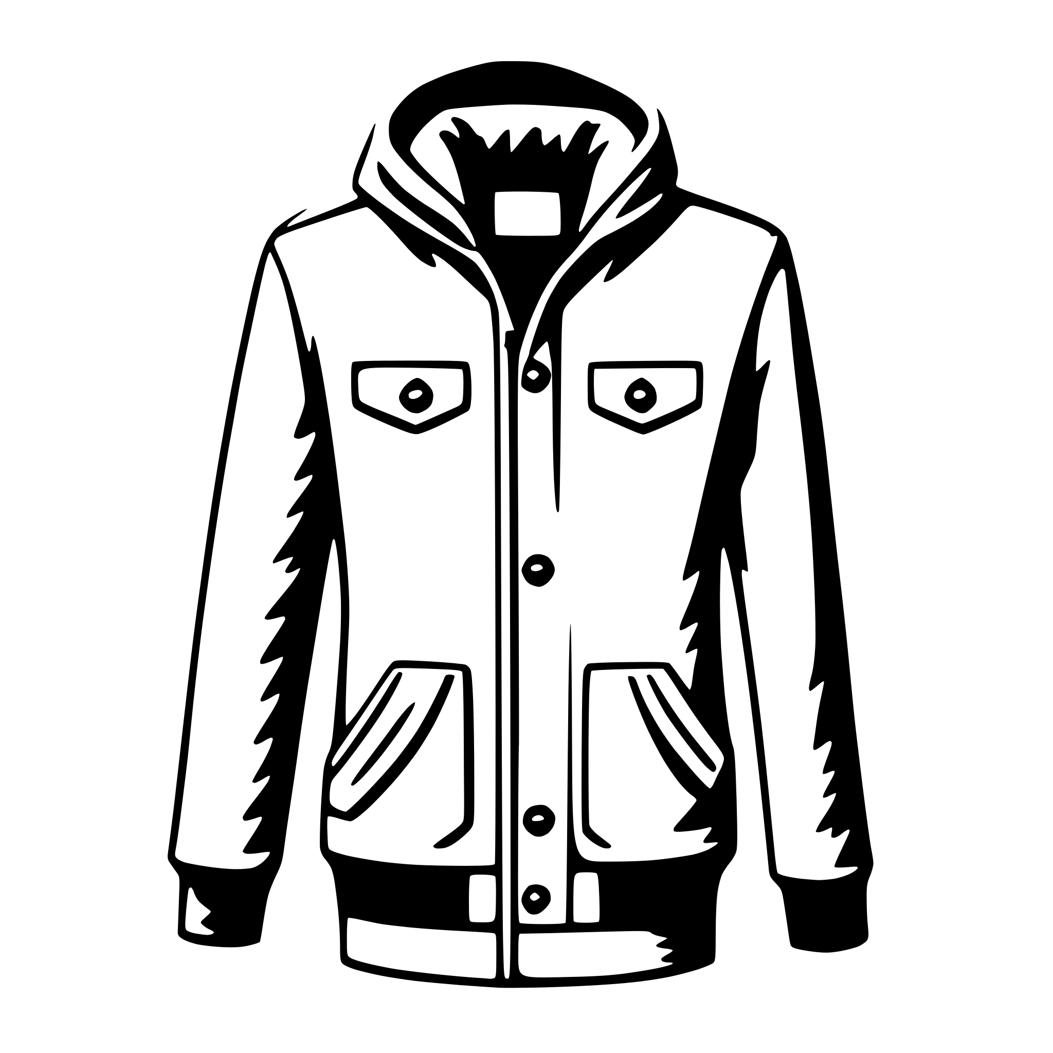 The SVG shows a stylized, black and white illustration of a hooded jacket. The jacket features a high collar, a front zipper, two pockets on the lower front, and a hood with a drawstring. The sleeves are long, and the jacket appears to have a belted waistband. The design is simple and appears to be a flat graphic with no shading or depth, emphasizing the lines and shapes of the jacket. 