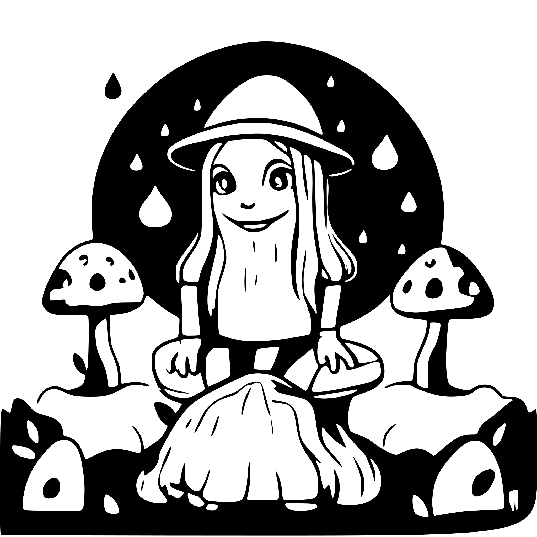 AI-generated SVG of a Aliens sitting on mushrooms in a psychedelic forest and wizard