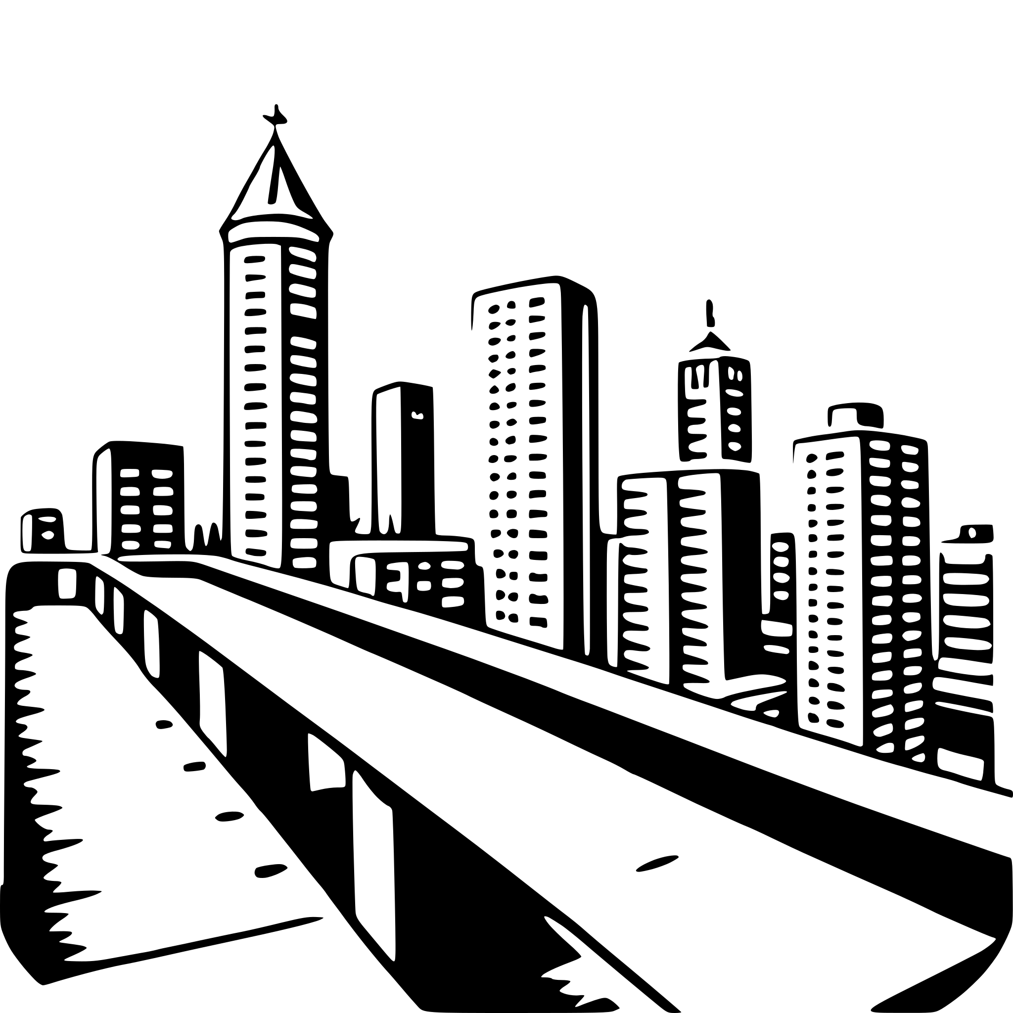 The SVG depicts a stylized cityscape with a focus on a bridge. The bridge is shown in profile, with its structure extending from the foreground into the background. On the left side of the bridge, there is a tall, slender building with a pointed top, which could be a skyscraper. To the right, there is a cluster of taller buildings with various designs, suggesting a dense urban environment. The buildings are depicted with simple geometric shapes, and the bridge has a smooth, curved outline. The SVG is monochromatic, with no color information provided. The overall style is minimalistic and appears to be a vector illustration. 