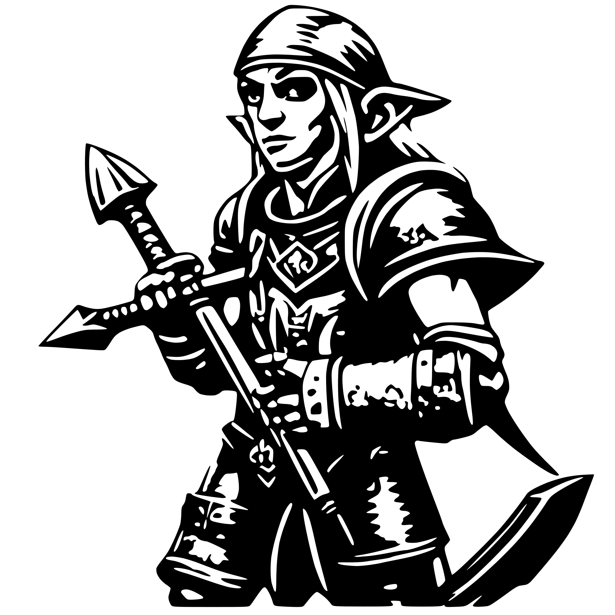 AI-generated SVG of 'Heavy Metal Elf Carrying Warhammer'