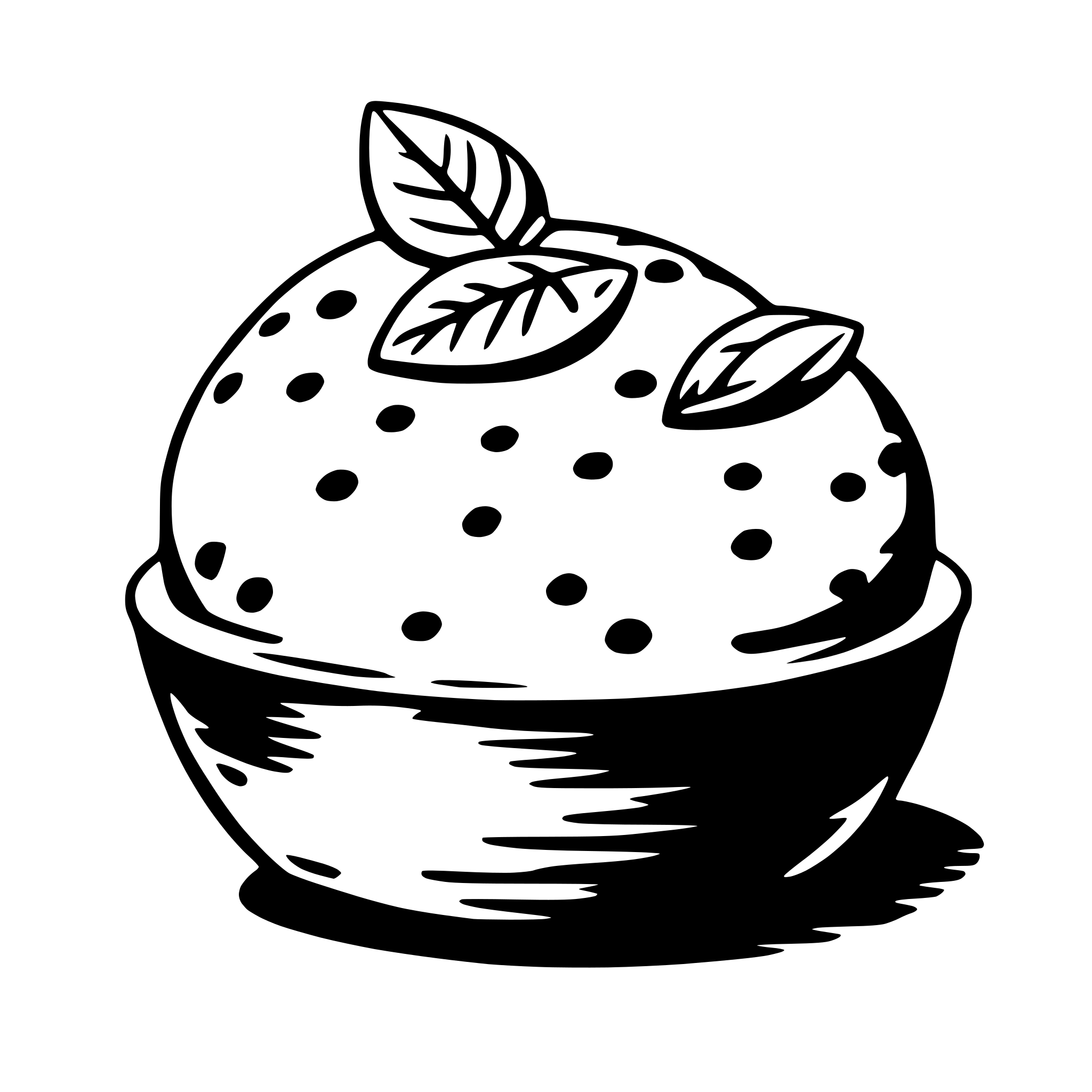 The SVG depicts a stylized illustration of a fruit, possibly a berry or a small citrus fruit, with a textured surface that resembles a pattern of dots or small circles. The fruit is placed within a simple, rounded bowl with a smooth interior and a slightly textured exterior. There are two leaves with a serrated edge on top of the fruit, suggesting that the fruit is fresh and possibly just picked. The leaves are drawn in a simple, outline style, with a few internal lines to indicate their texture. The overall style of the SVG is minimalistic and cartoonish, with bold outlines and a limited color palette. 