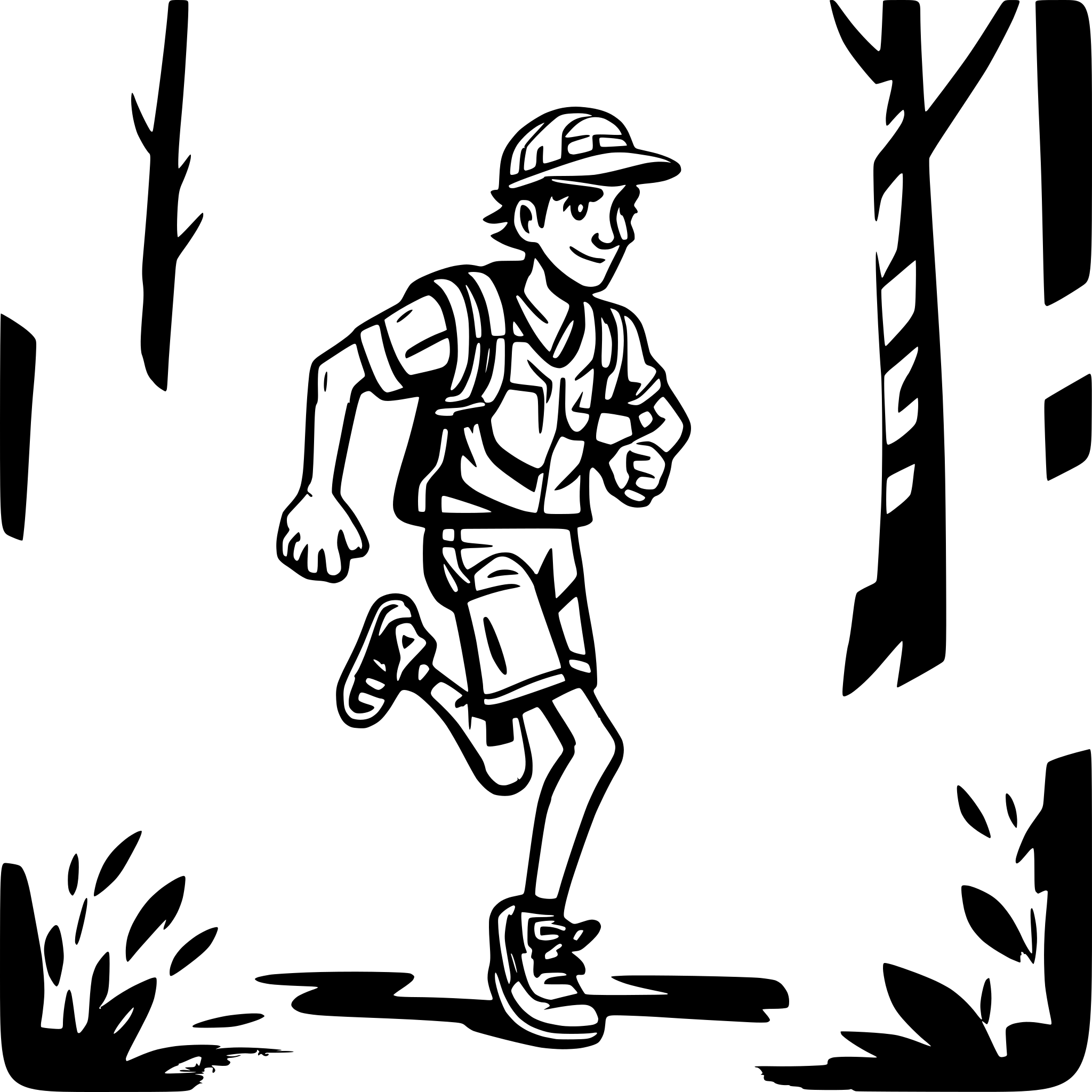 AI-generated SVG of a A male adult runner with shoes, hydration vest, shorts, short sleeve shirt, and hat running in the forest.