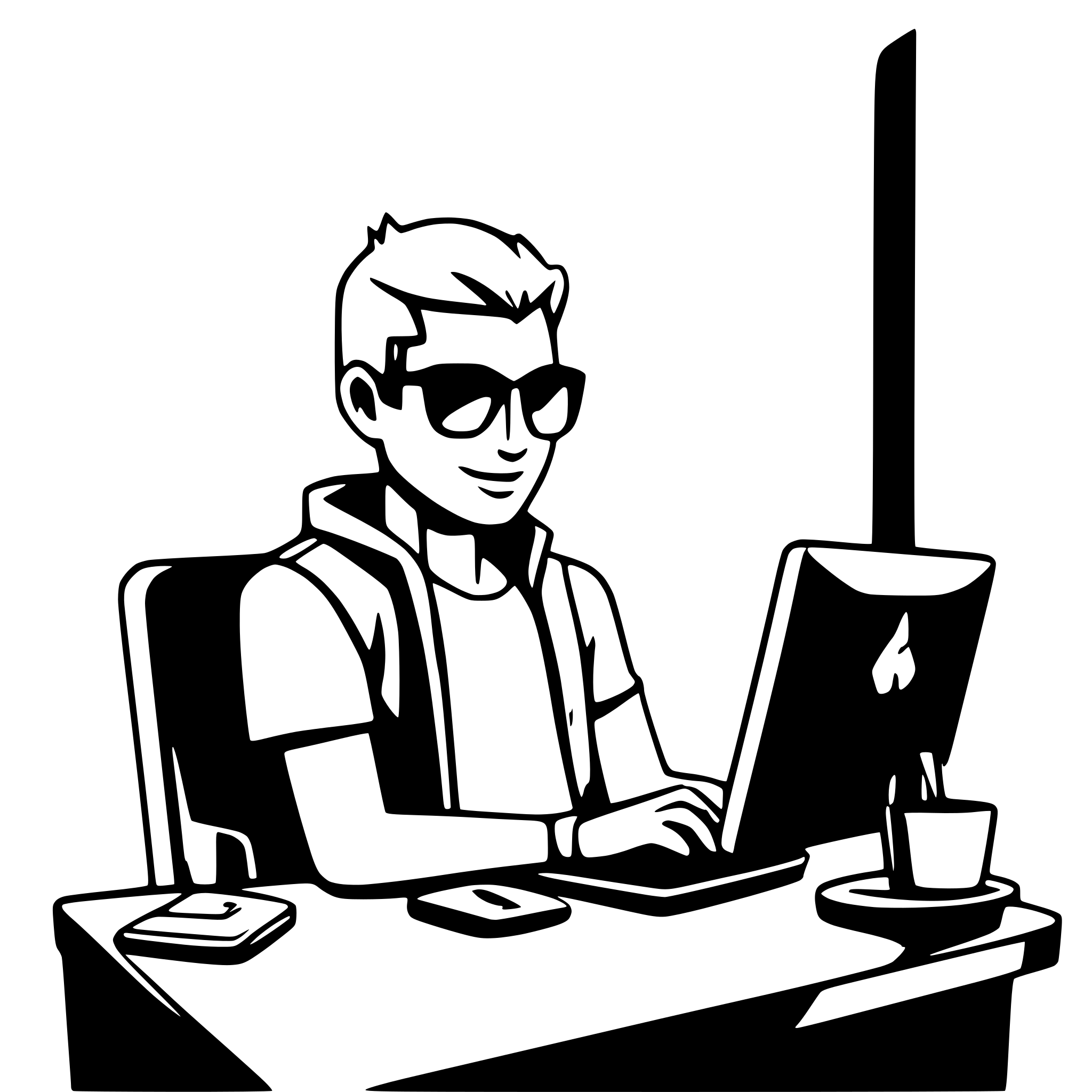 AI-generated SVG of a Male software developer. No background. This is a programmer facing us. Sitting at a desk with a laptop and coding. Wearing a t-shirt and jeans. Light blue and black colors. No text.