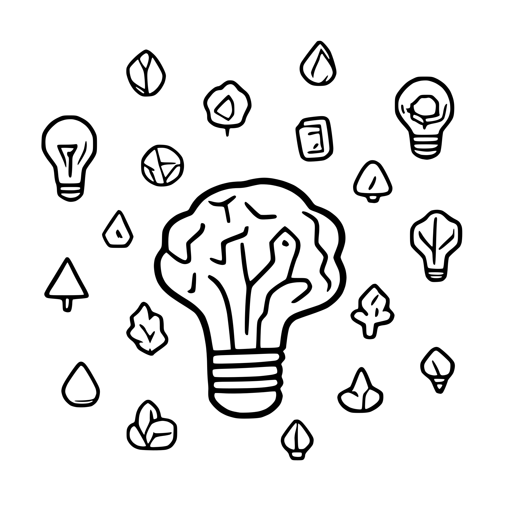 AI-generated SVG of a include sketches of thought bubbles containing icons like lightbulbs, charts, or graphs to represent brainstorming and planning.