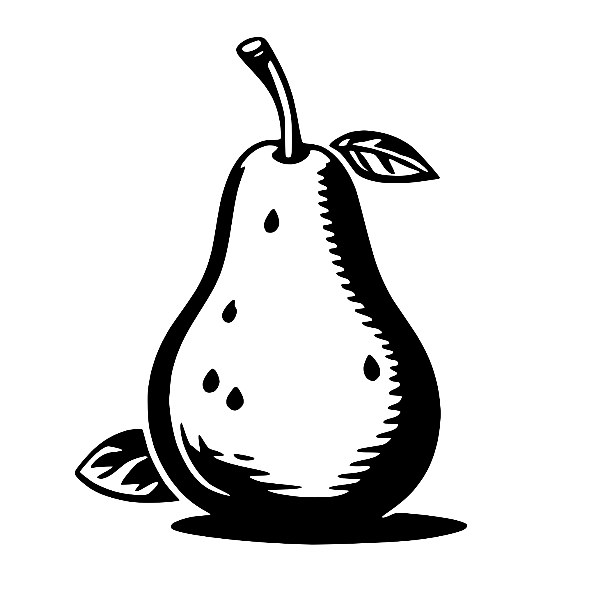 The SVG shows a stylized black and white illustration of a pear. The pear has a stem at the top and a leaf attached to it. The pear is depicted with a simple, smooth outline, and there are small dots to represent the texture of the fruit's skin. The leaf is also outlined with a simple shape, and there is a small stem attached to it. The pear is positioned on a surface, and the leaf is slightly curled at the edges. The SVG has a clean, minimalist aesthetic. 