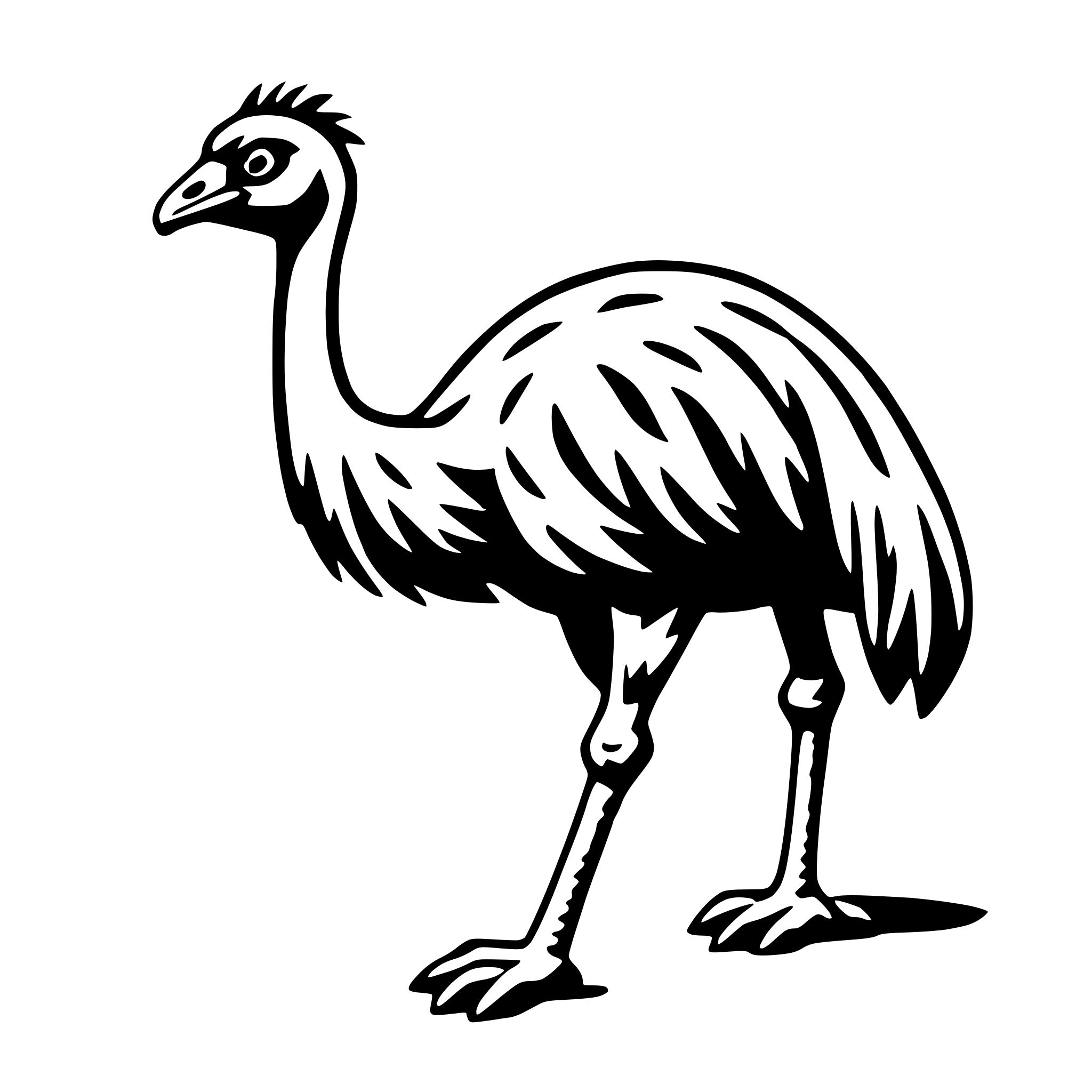 The SVG depicts a stylized, cartoon-like ostrich. The ostrich is standing upright with its long neck extended forward, and its head is turned slightly to the left. It has a prominent crest on its head, and its eyes are large and round. The ostrich's body is elongated, with a series of feathers running down its neck and back. Its legs are thin and extend down to the ground, where its feet are visible. The ostrich's tail feathers are also visible, extending out behind it. The SVG is simple and does not contain any additional objects or interactions. 