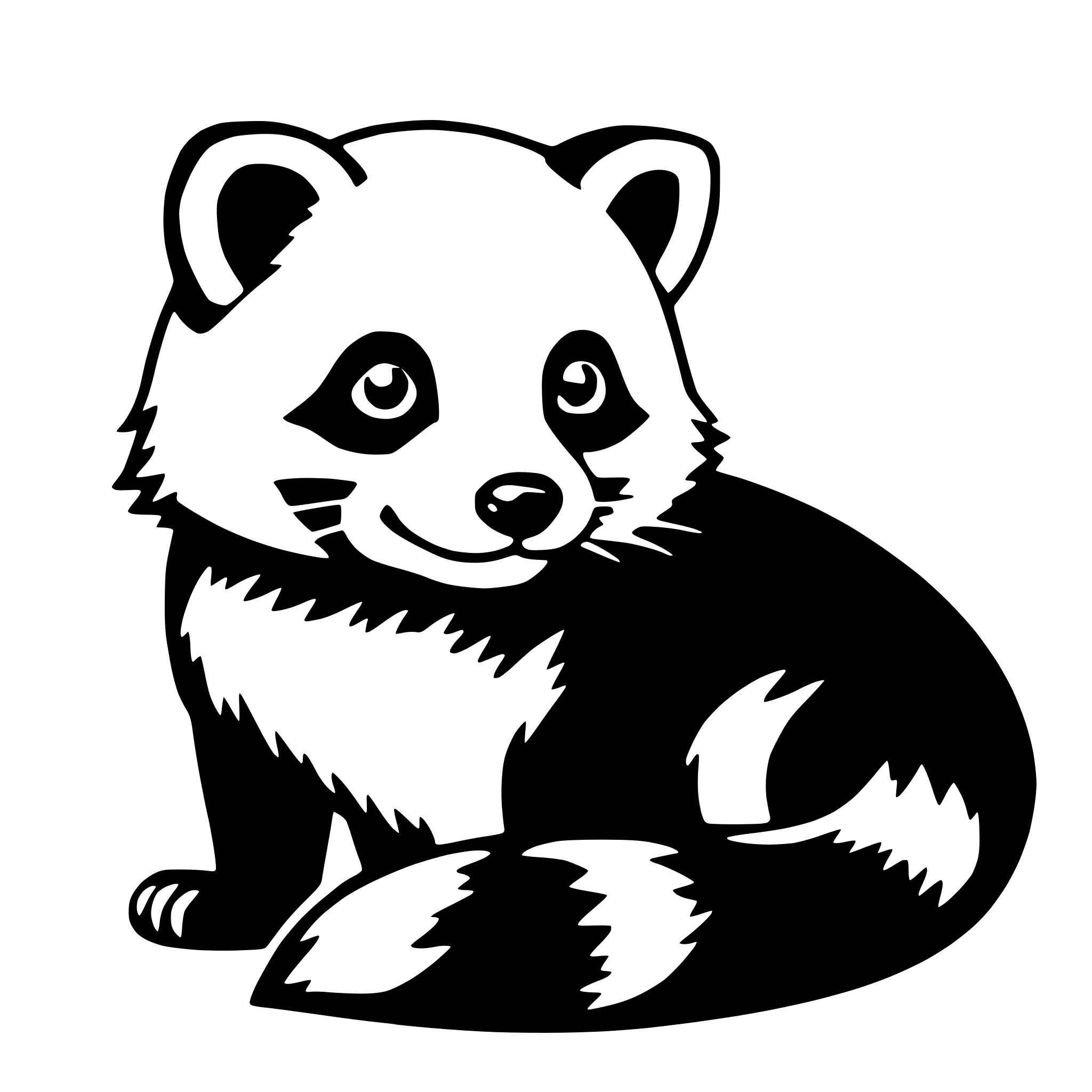 The SVG depicts a stylized black and white illustration of a raccoon. The raccoon is sitting upright with its front paws extended forward, giving it a friendly and approachable appearance. It has a round head with large, expressive eyes, and a small, pointed nose. The raccoon's body is elongated with a curved tail, and it has distinctive black markings on its face and ears, as well as a darker stripe running down its back. The SVG is simple and cartoonish, with clean lines and a lack of intricate detail. 