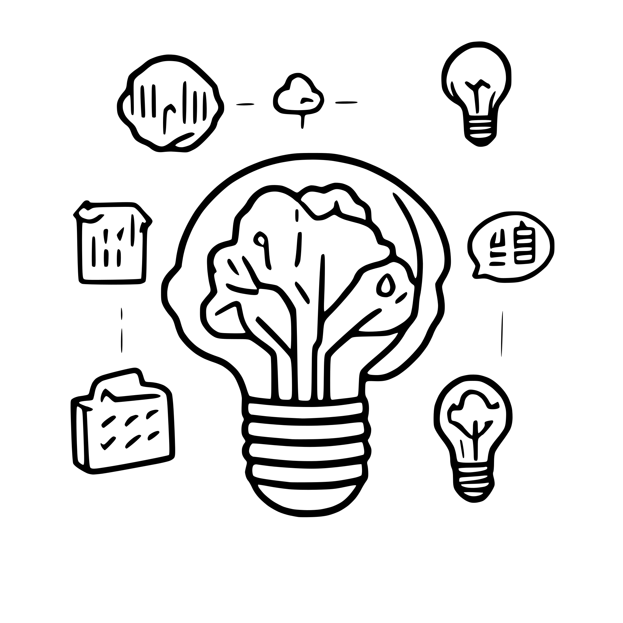 AI-generated SVG of a doodle that includes sketches of thought bubbles containing icons like lightbulbs, charts, or graphs to represent brainstorming and planning.