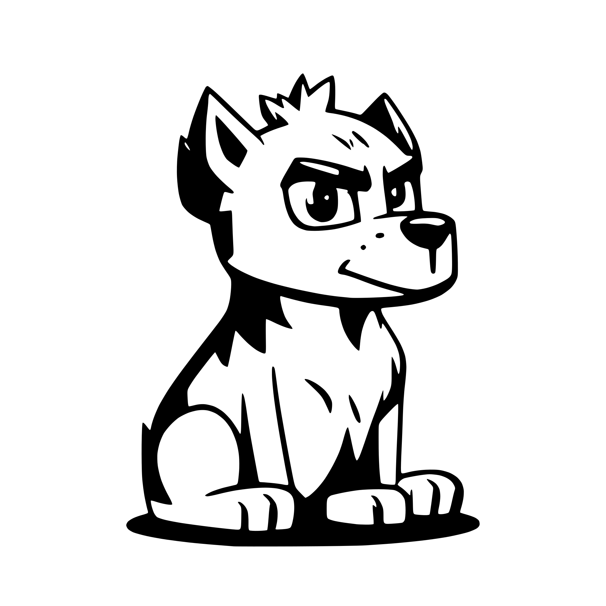 AI-generated SVG of a "A bold, black and white cartoon-style angry dog illustration, sitting down with short legs, spiky f